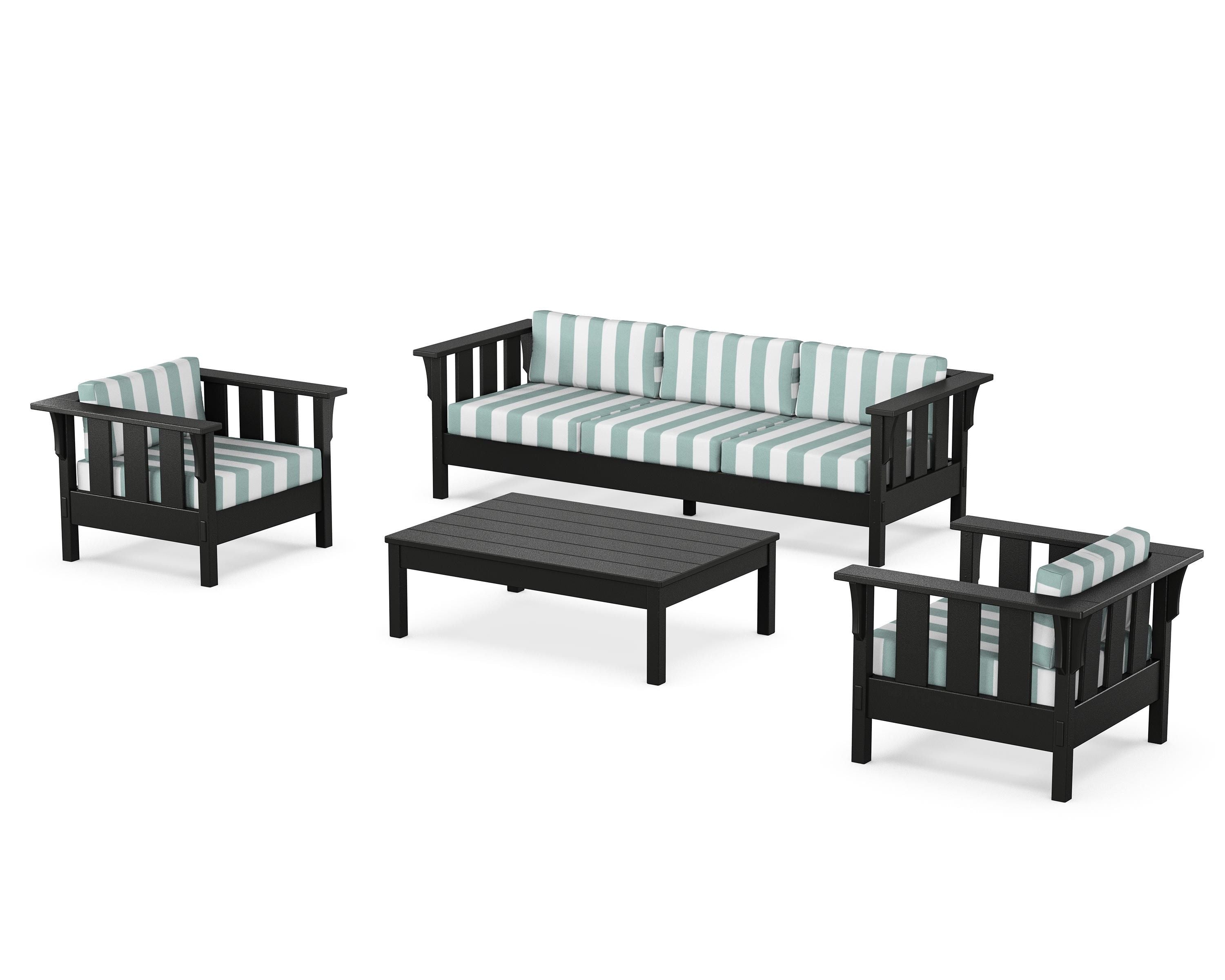 Martha Stewart by POLYWOOD® Acadia 4-Piece Deep Seating Set with Sofa in Black / Cabana Stripe Glacier Spa