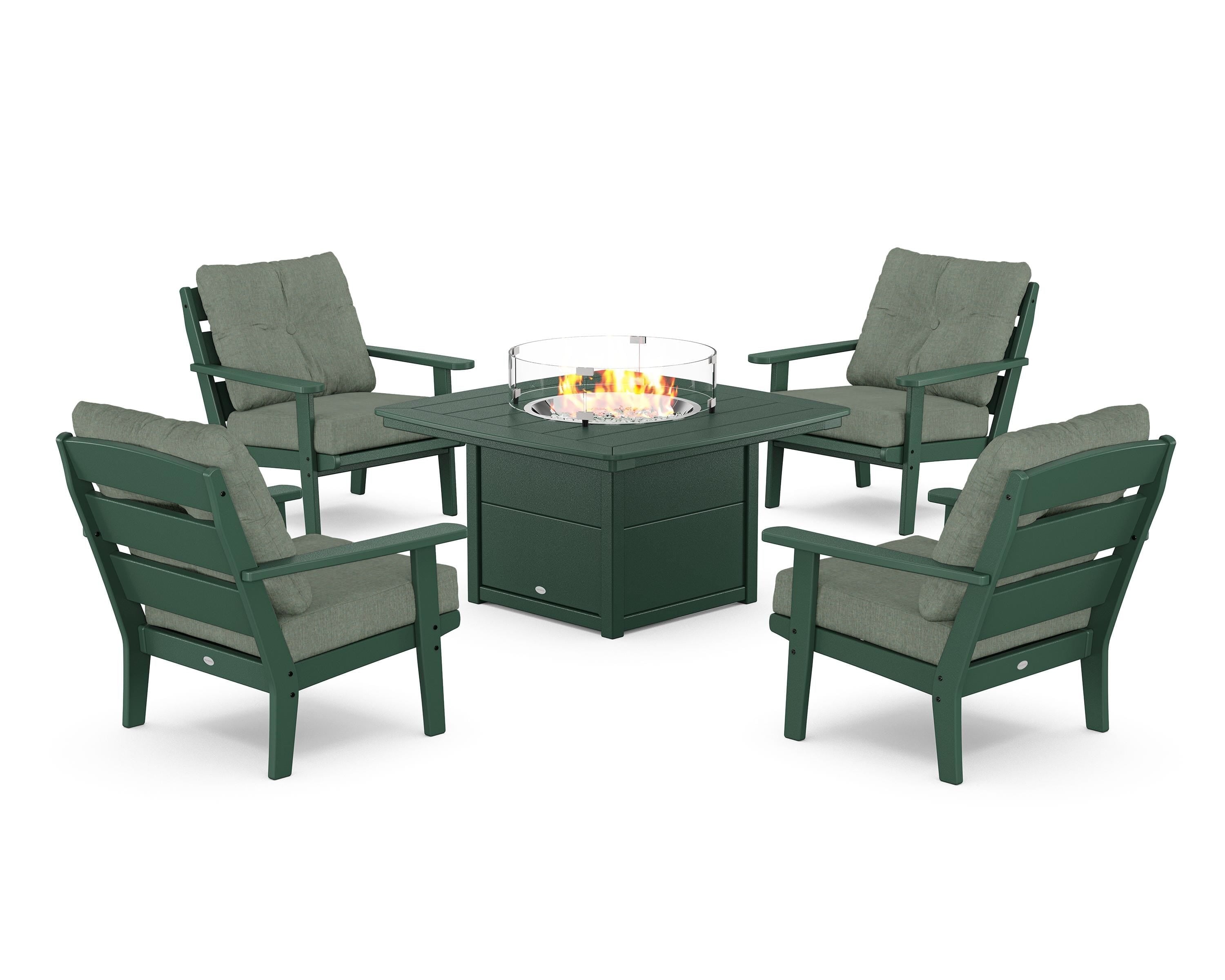 POLYWOOD® Lakeside 5-Piece Deep Seating Set with Nautical Fire Pit Table in Green / Cast Sage
