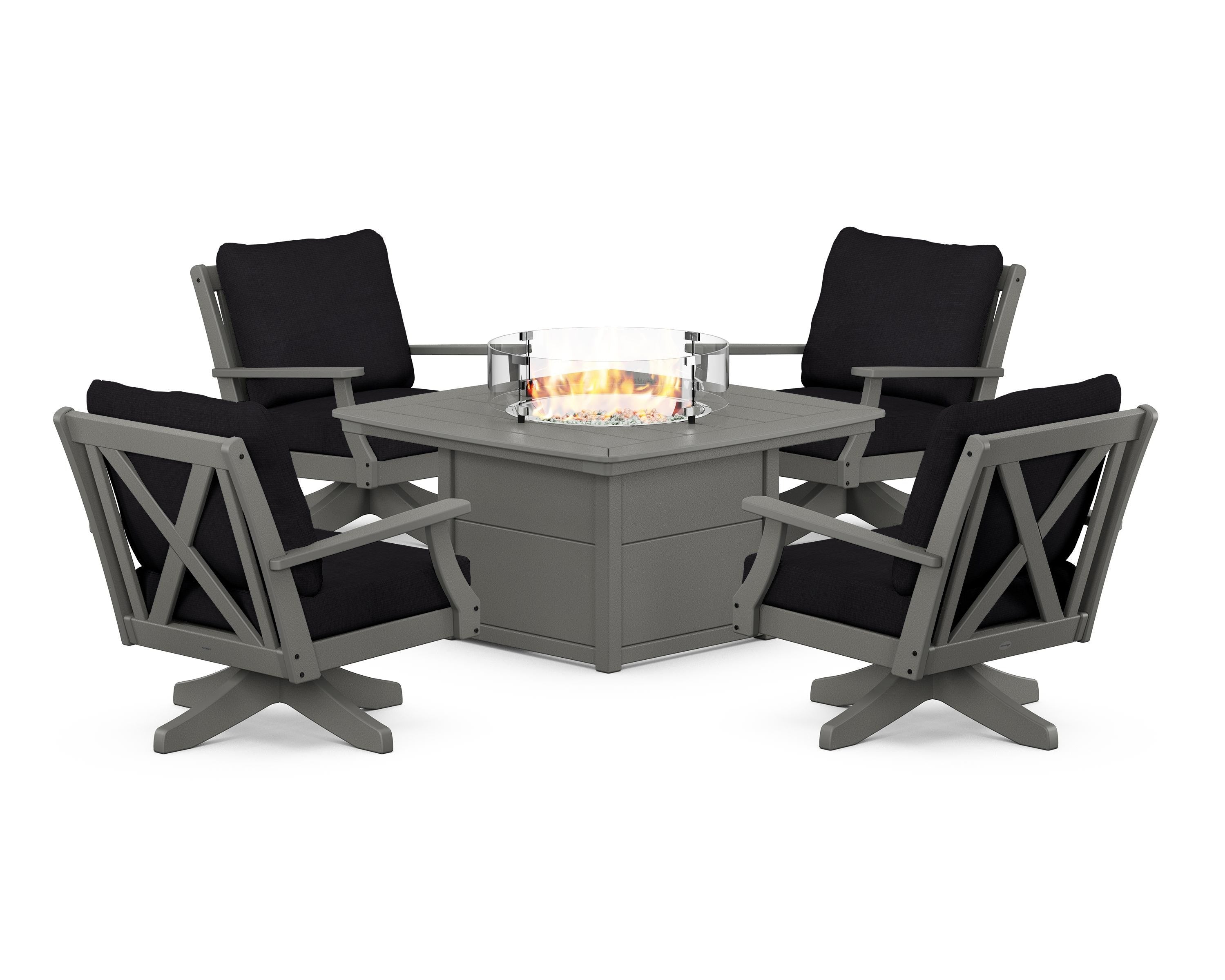 POLYWOOD® Braxton 5-Piece Deep Seating Swivel Conversation Set with Fire Pit Table in Slate Grey / Midnight Linen