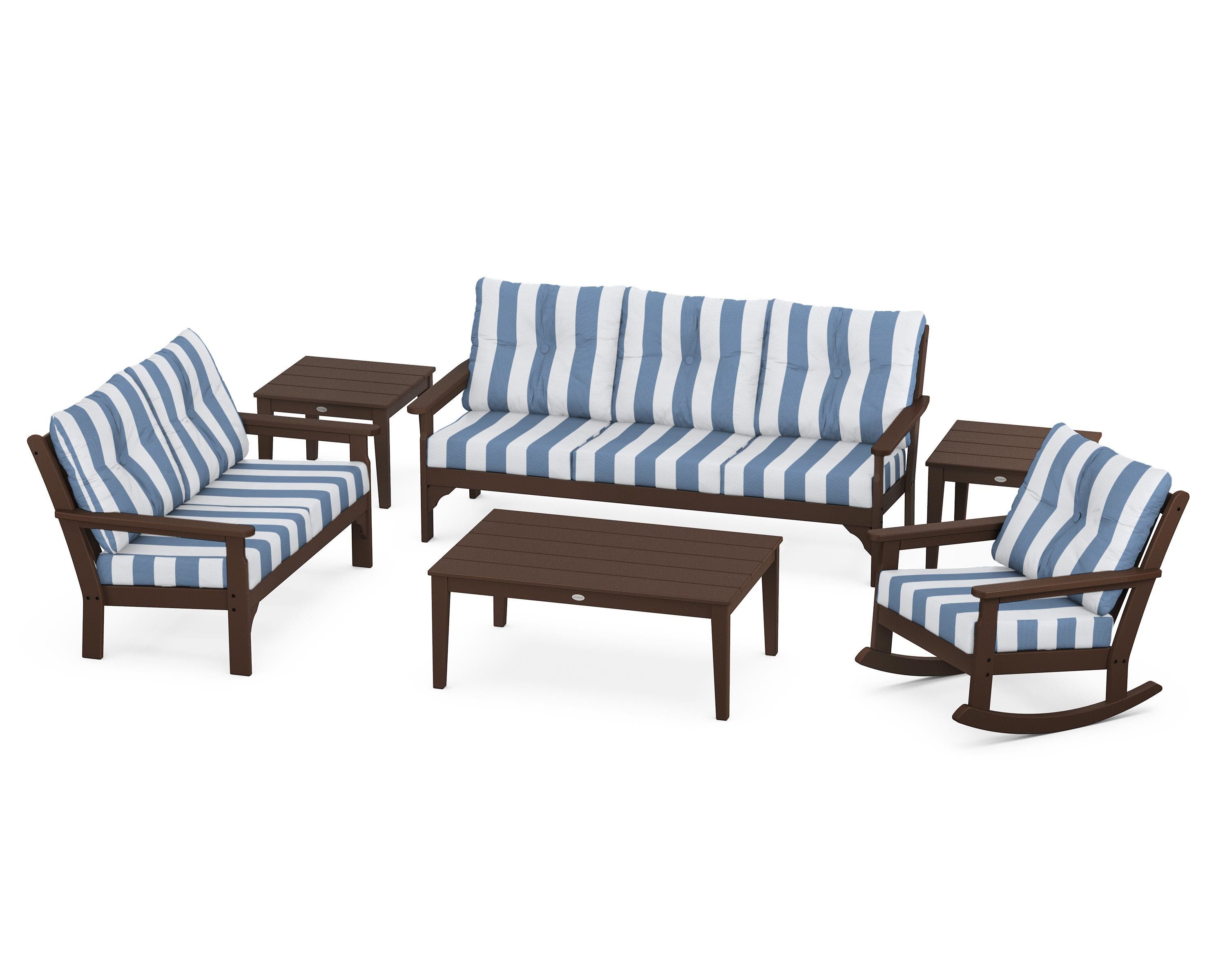 POLYWOOD® Vineyard 6-Piece Deep Seating Set in Mahogany / Cabana Stripe Sky Blue