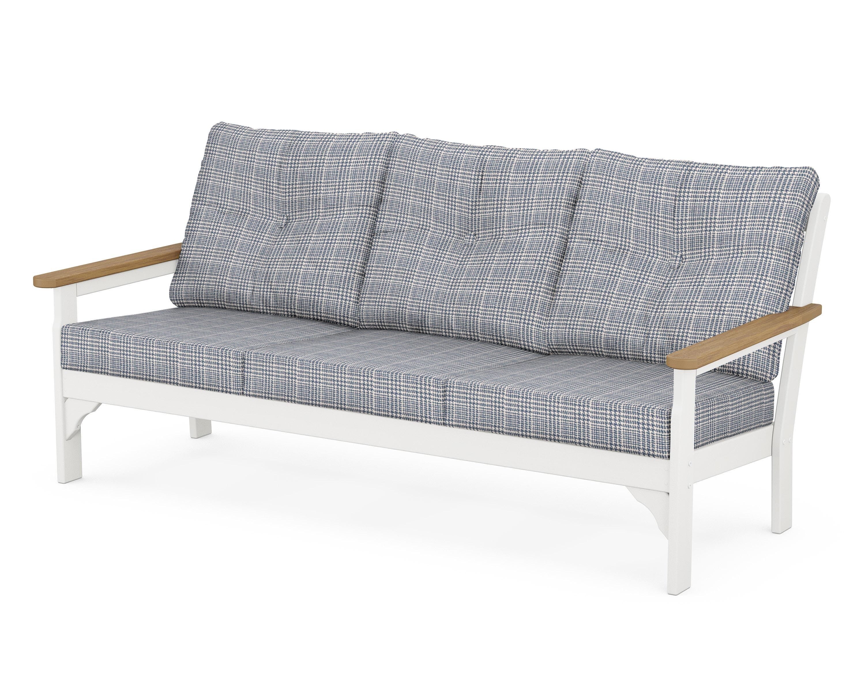 POLYWOOD® Vineyard Deep Seating Sofa in White / Natural / Houndstooth Sky Blue