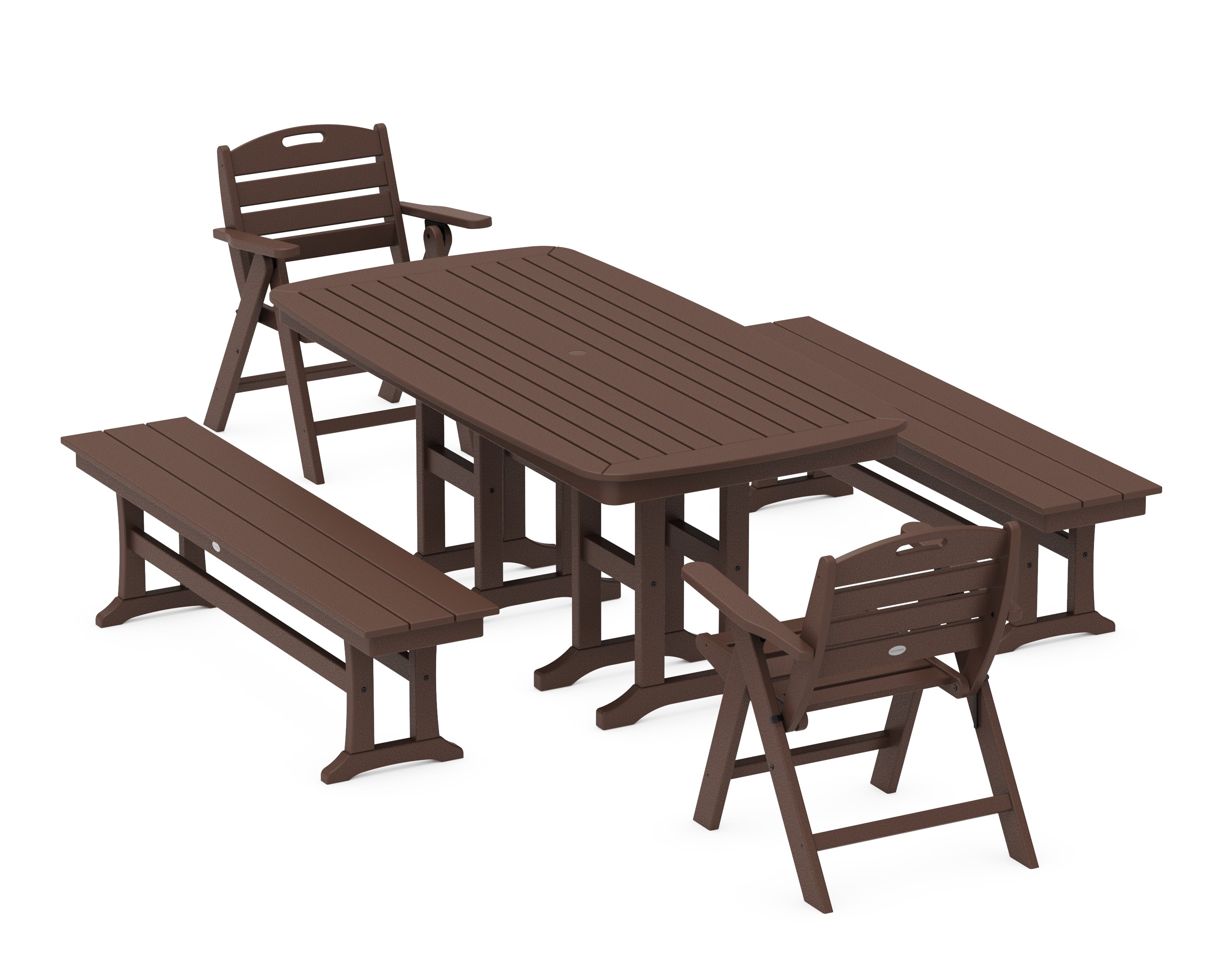 POLYWOOD® Nautical Lowback 5-Piece Dining Set with Benches in Mahogany