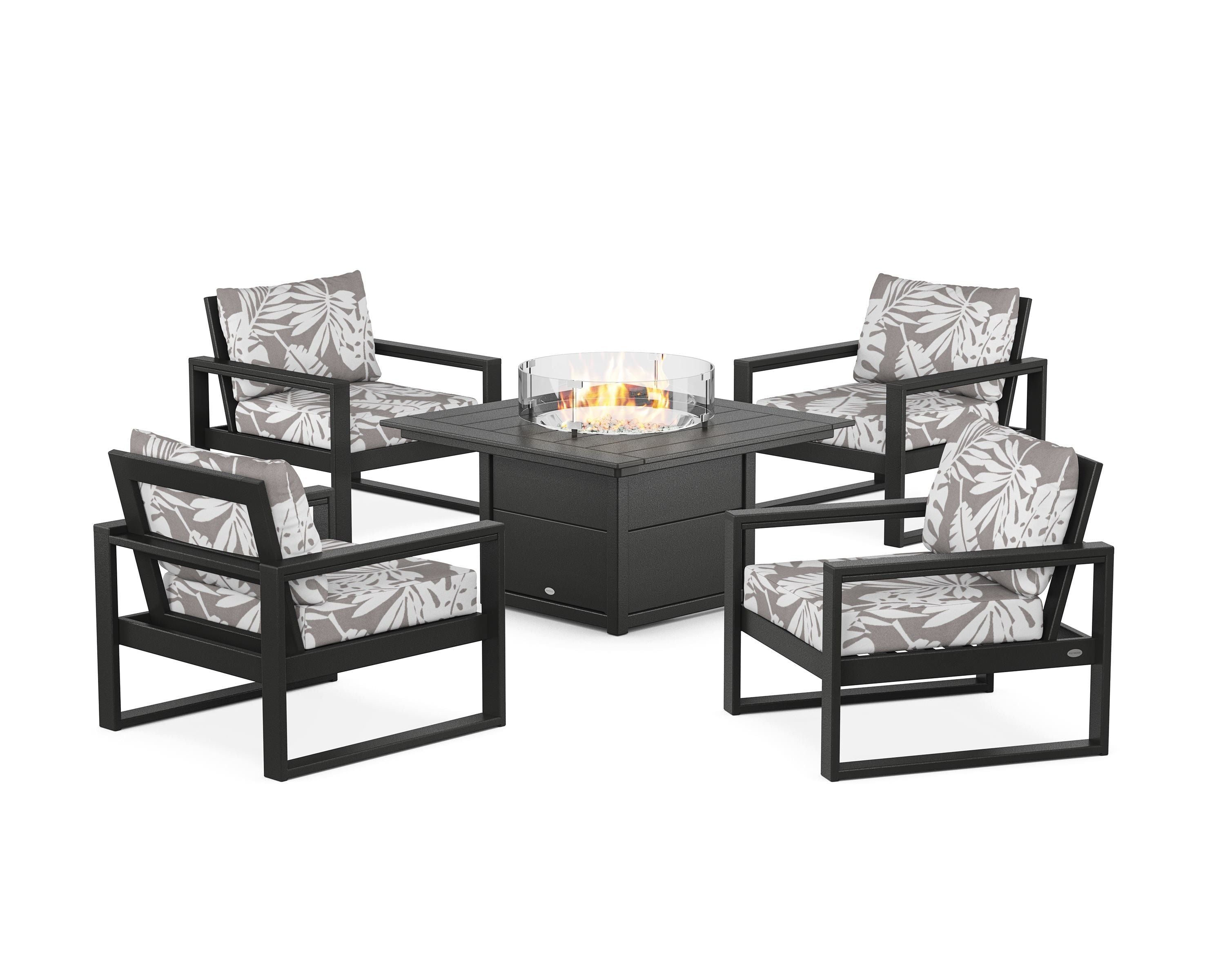 POLYWOOD® EDGE Sectional 5-Piece Deep Seating Set with Fire Pit Table in Black / Leaf Grey Mist