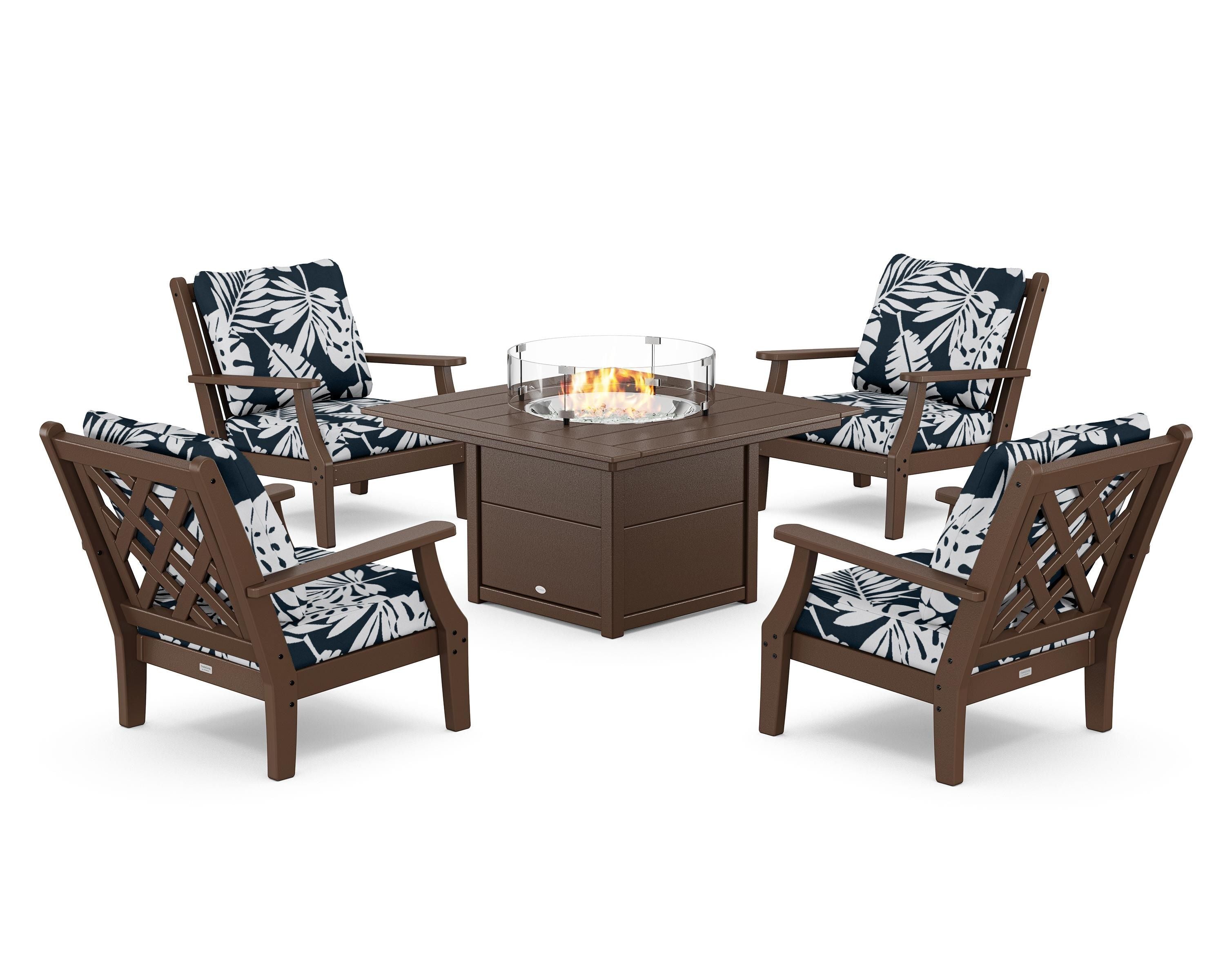 Country Living Wovendale 5-Piece Deep Seating Set with Fire Pit Table in Mahogany / Leaf Marine Indigo