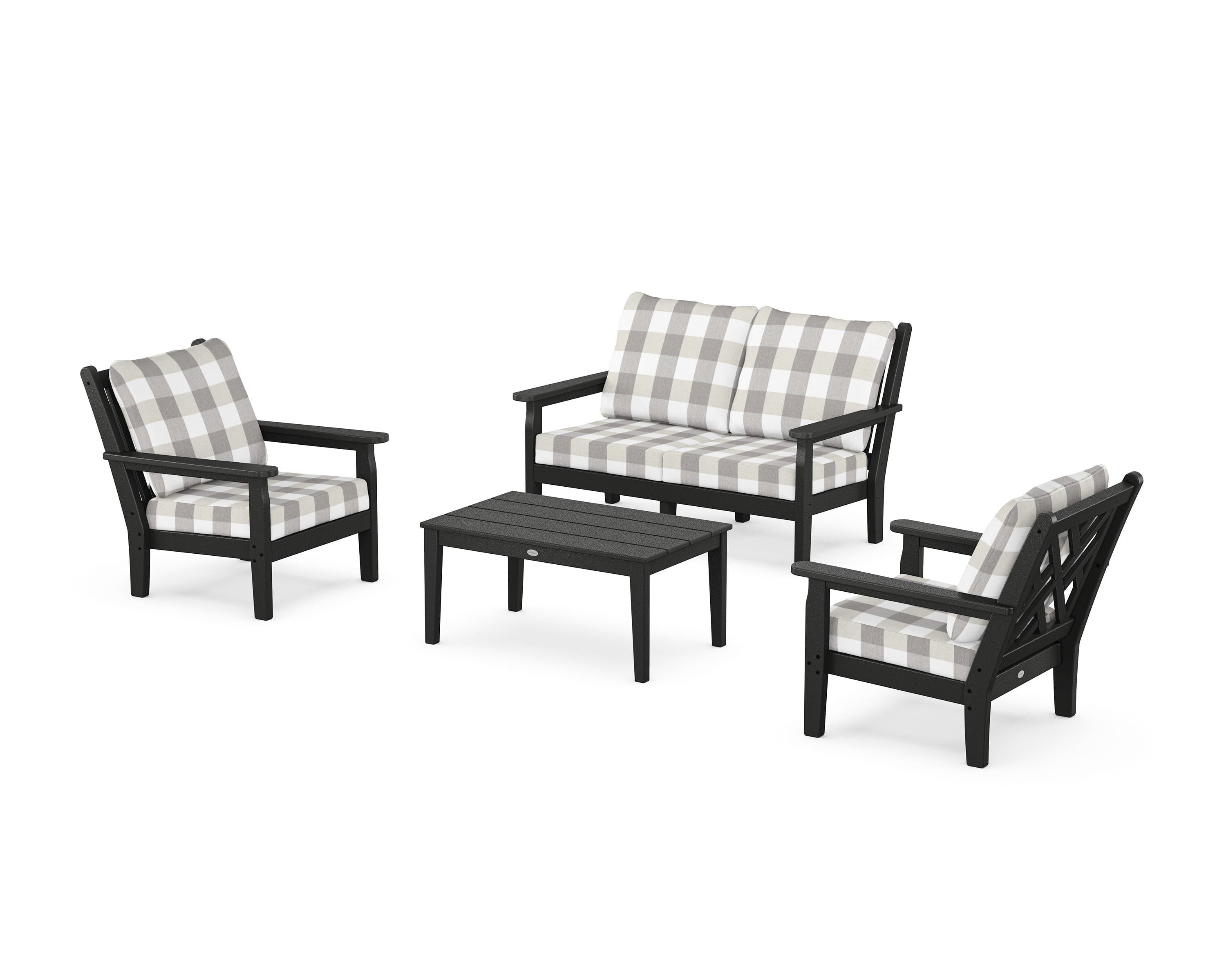 POLYWOOD® Chippendale 4-Piece Deep Seating Set with Loveseat in Black / Buffalo Plaid Grey Mist