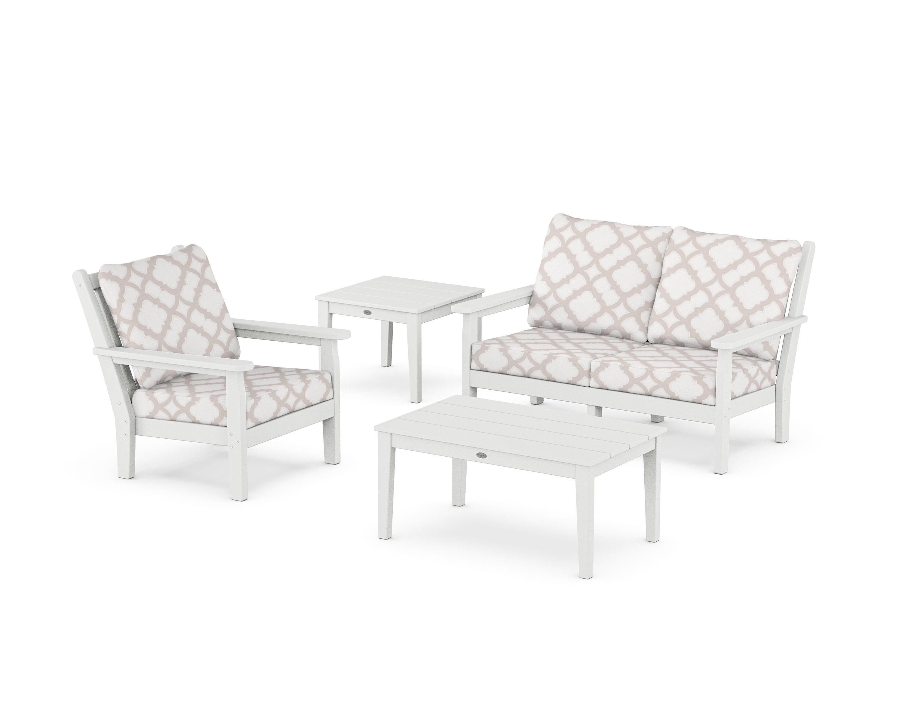 POLYWOOD® Chippendale 4-Piece Deep Seating Set in White / Trellis Dune Burlap