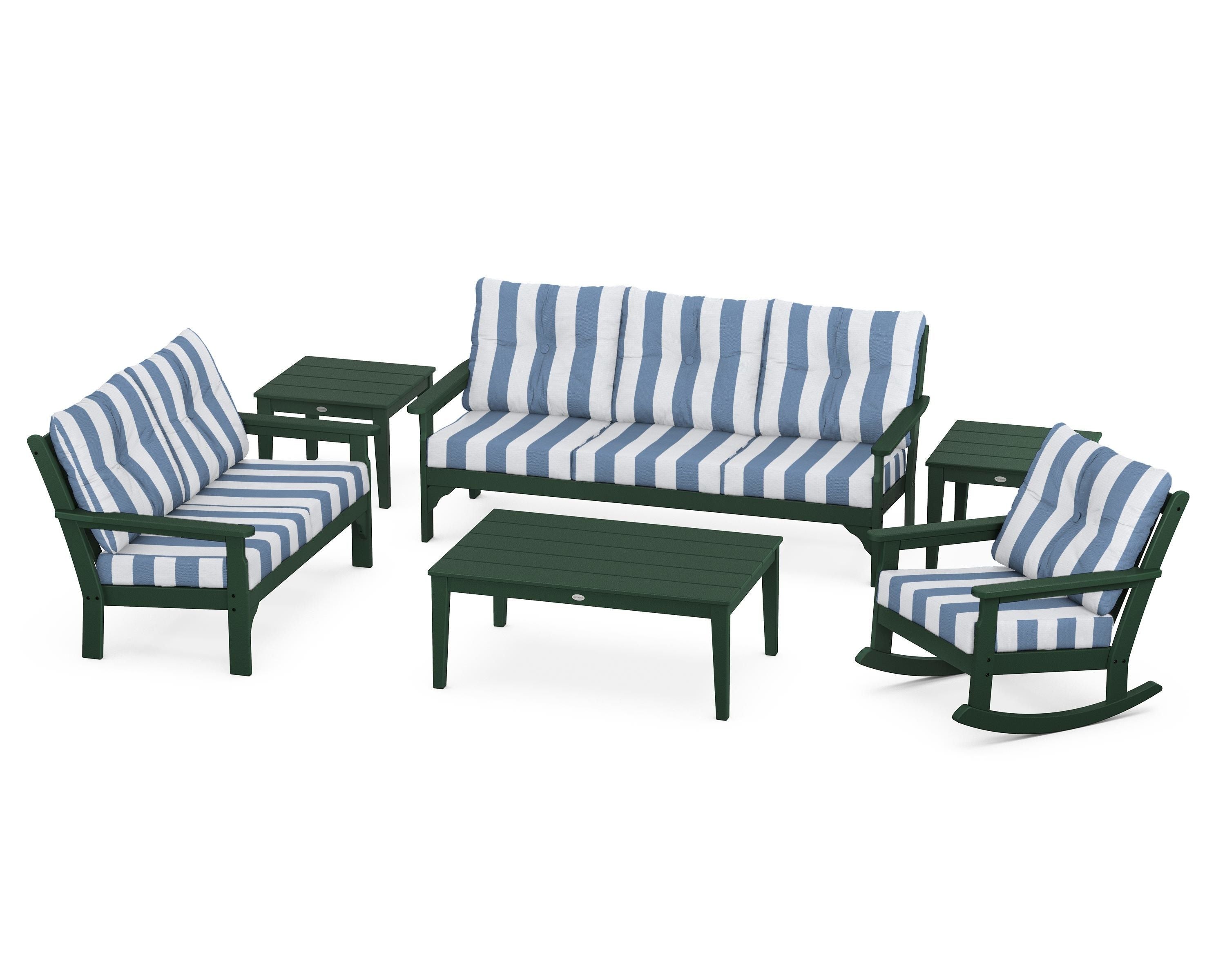 POLYWOOD® Vineyard 6-Piece Deep Seating Set in Green / Cabana Stripe Sky Blue