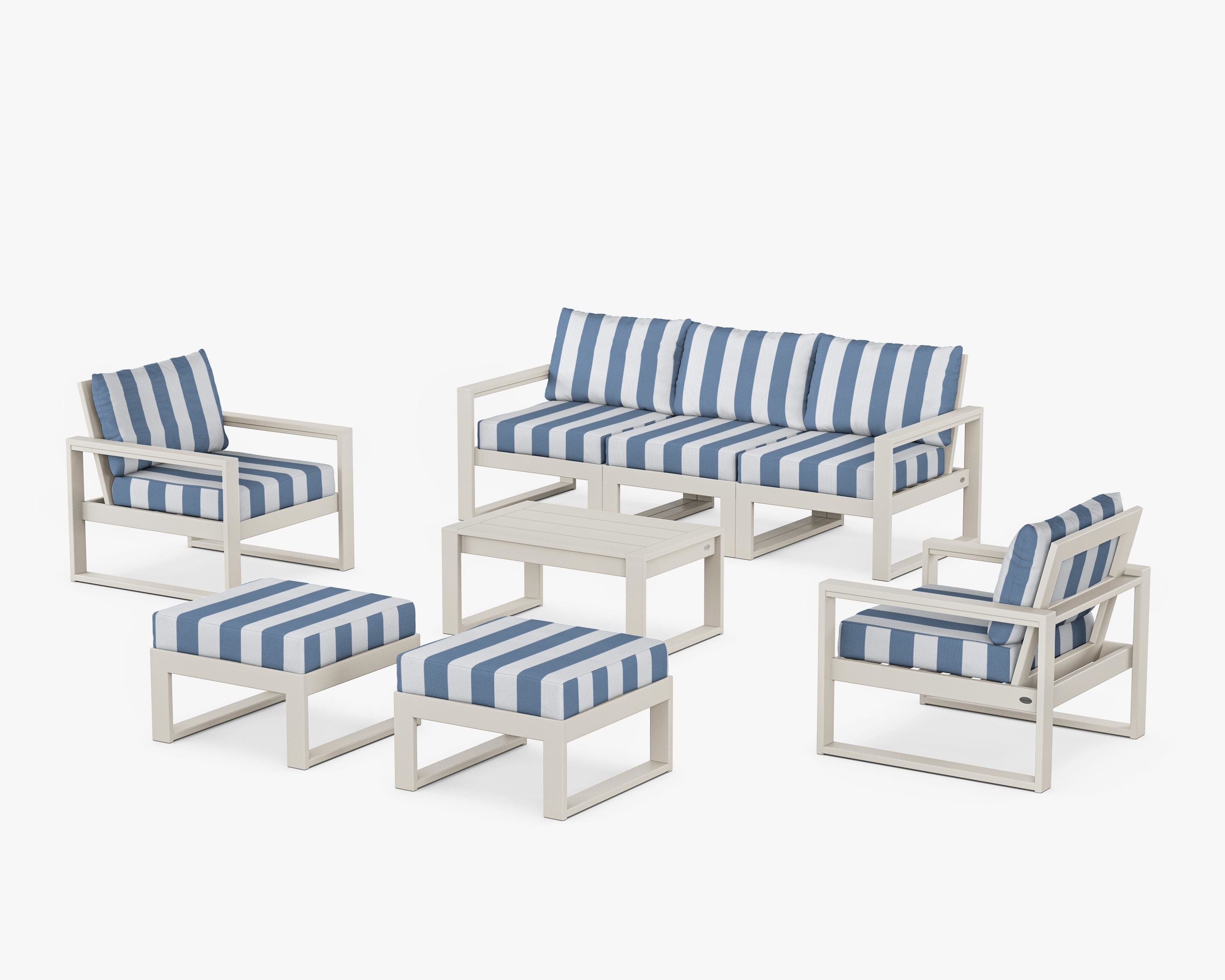 POLYWOOD® EDGE Sectional 8-Piece Lounge Sofa Set in Sand / Cabana Stripe Sky Blue