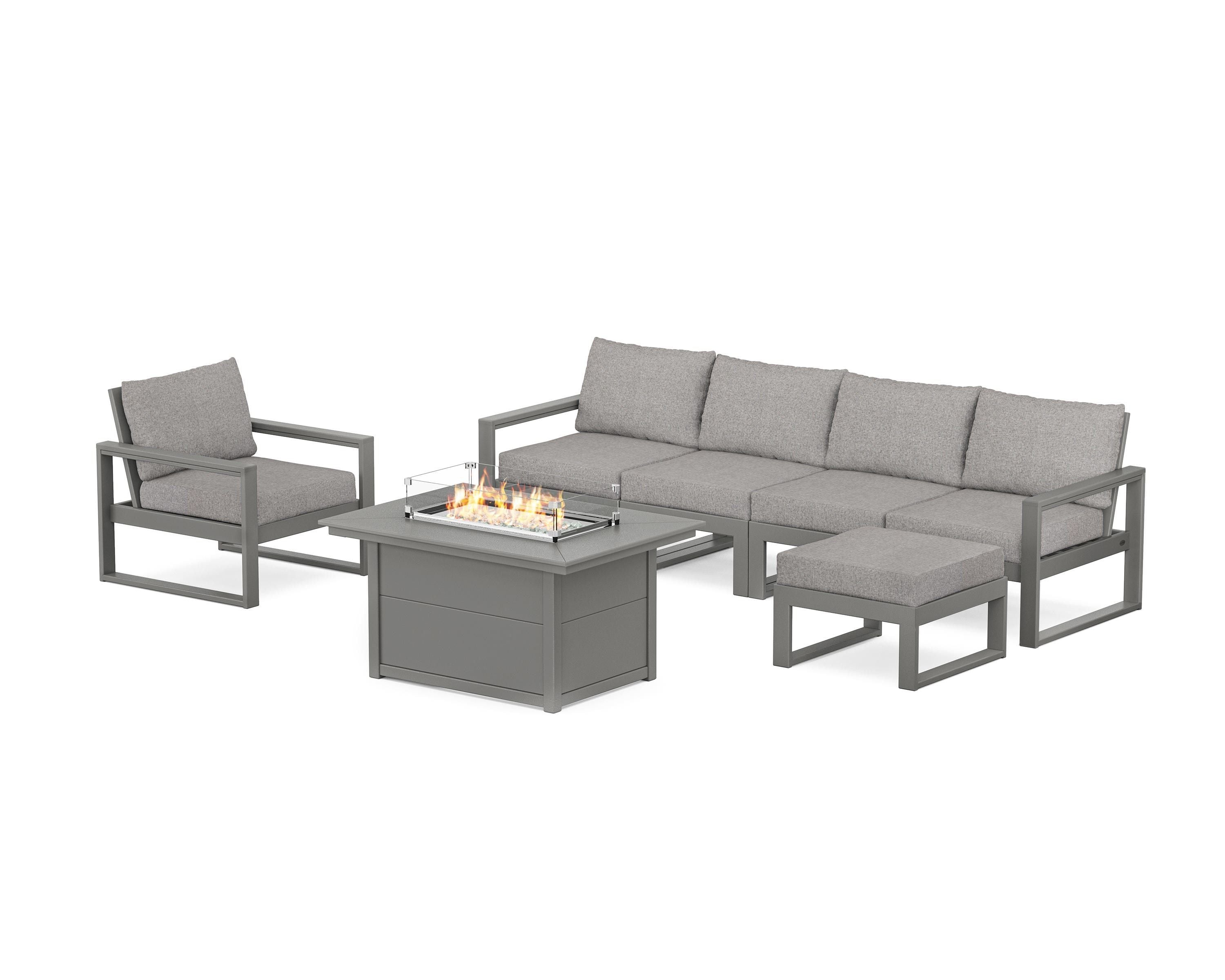 POLYWOOD® EDGE Sectional Lounge and Fire Pit Set in Slate Grey / Grey Mist