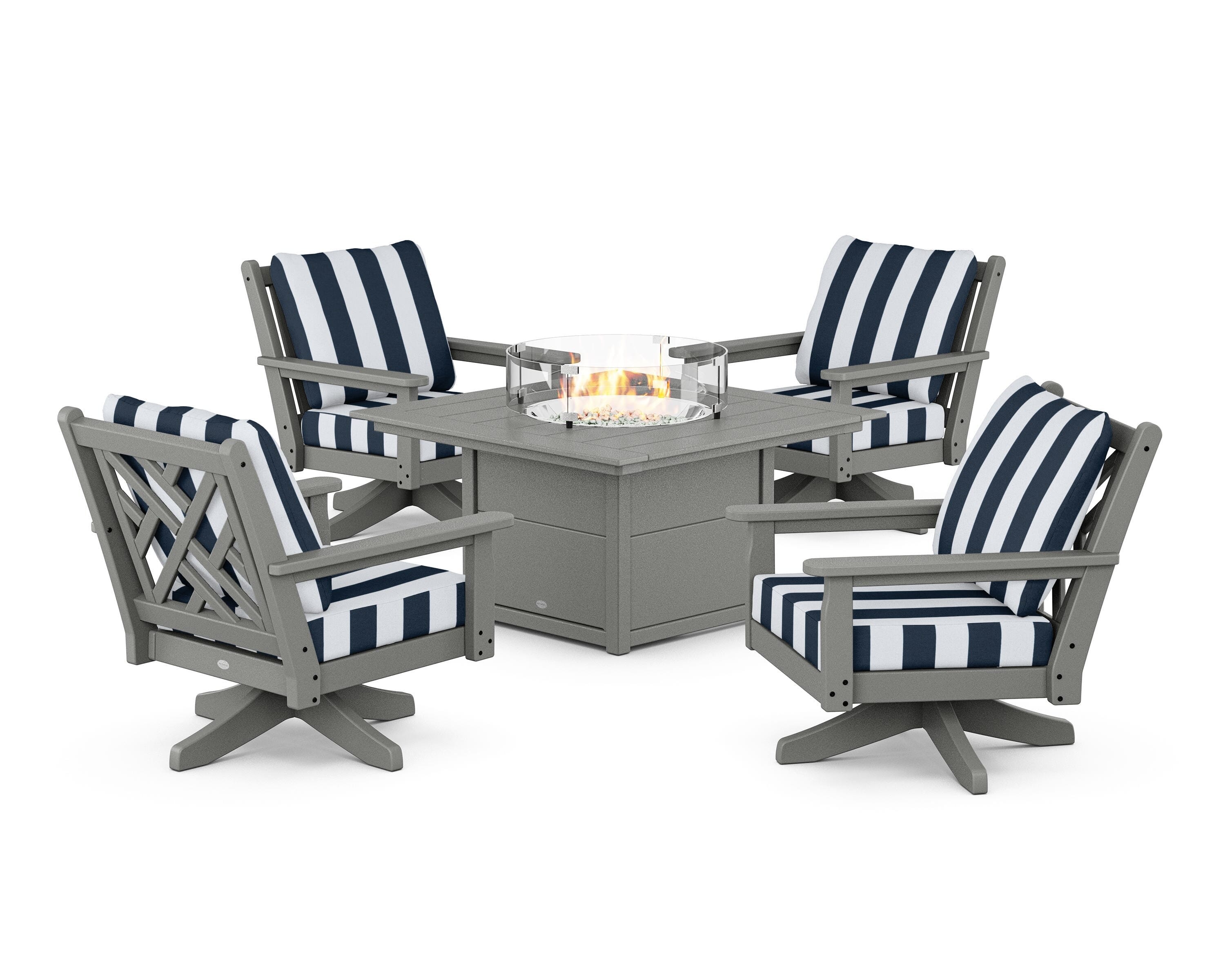 POLYWOOD® Chippendale 5-Piece Deep Seating Swivel Conversation Set with Fire Pit Table in Slate Grey / Cabana Stripe Marine Indigo