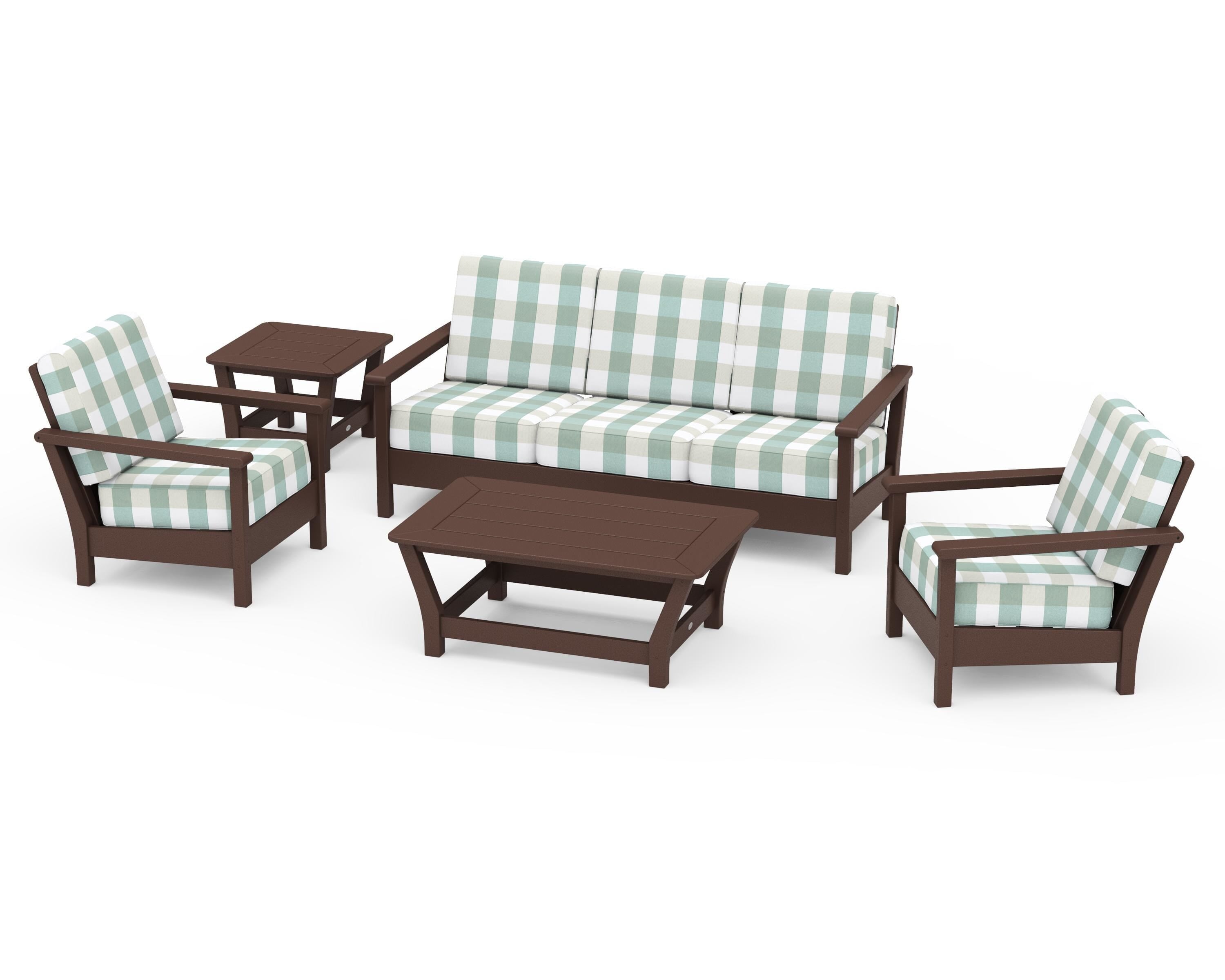 POLYWOOD® Harbour 5-Piece Deep Seating Set in Mahogany / Buffalo Plaid Glacier Spa