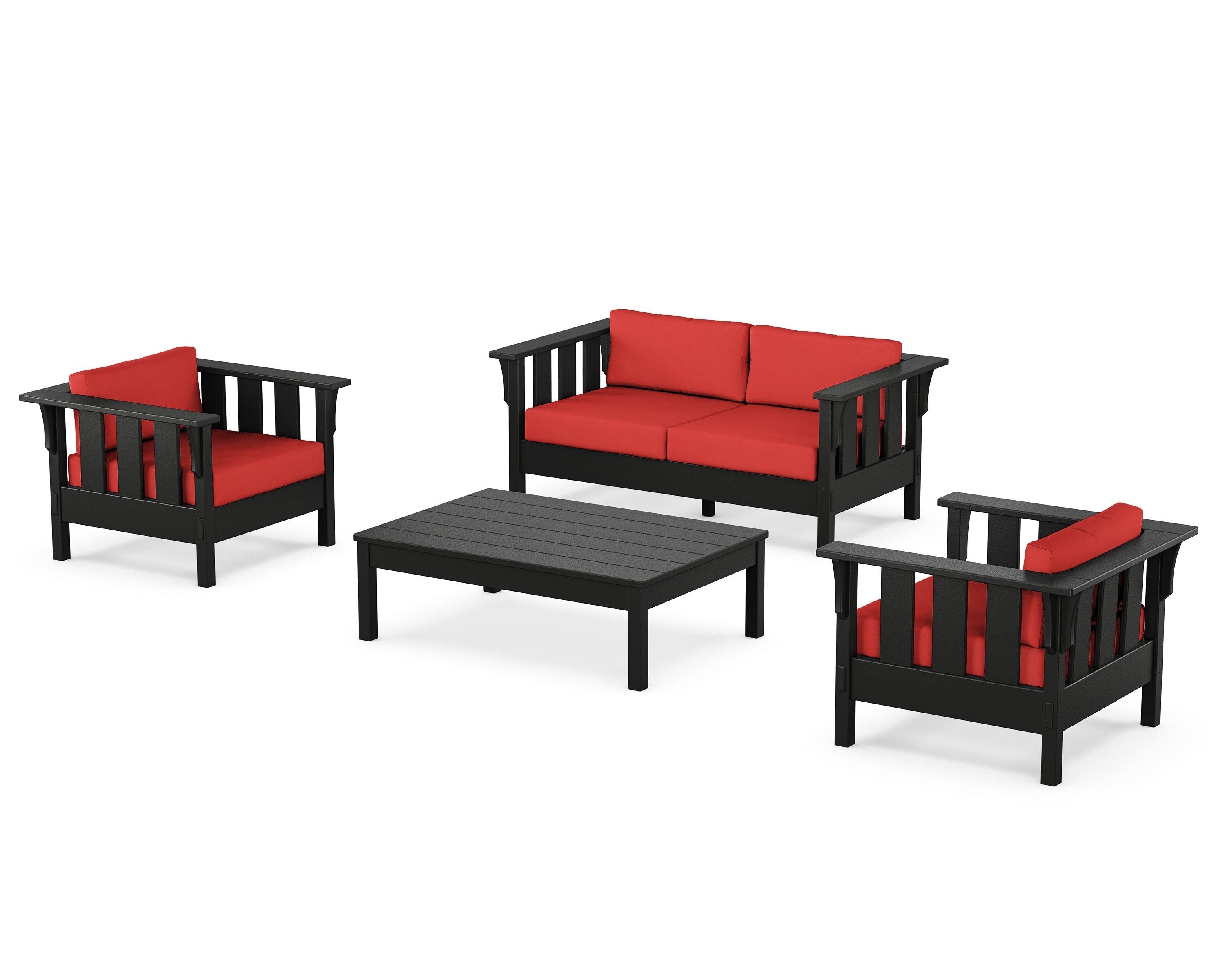 Martha Stewart by POLYWOOD® Acadia 4-Piece Deep Seating Set with Loveseat in Black / Crimson Linen