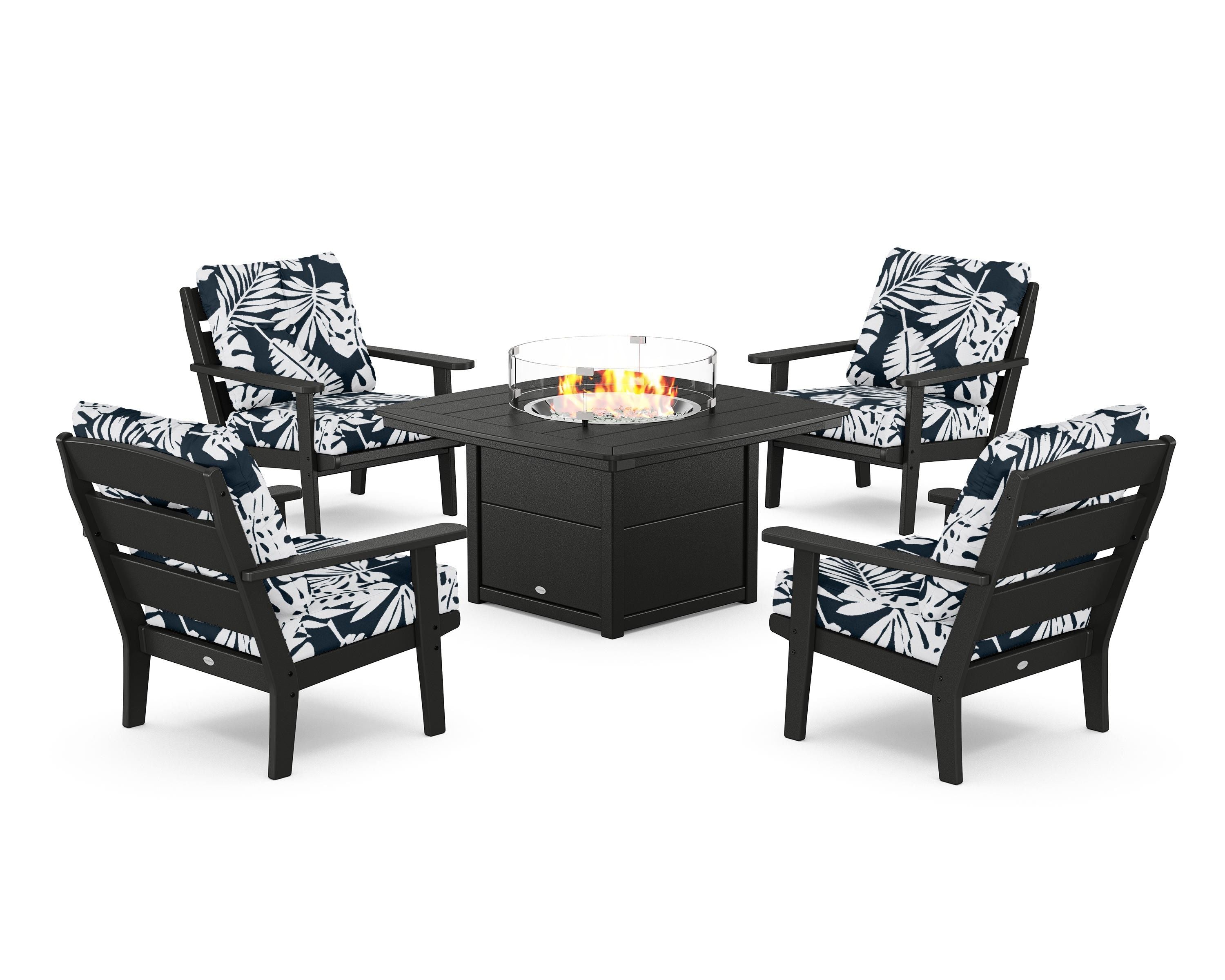 POLYWOOD® Lakeside 5-Piece Deep Seating Set with Nautical Fire Pit Table in Black / Leaf Marine Indigo