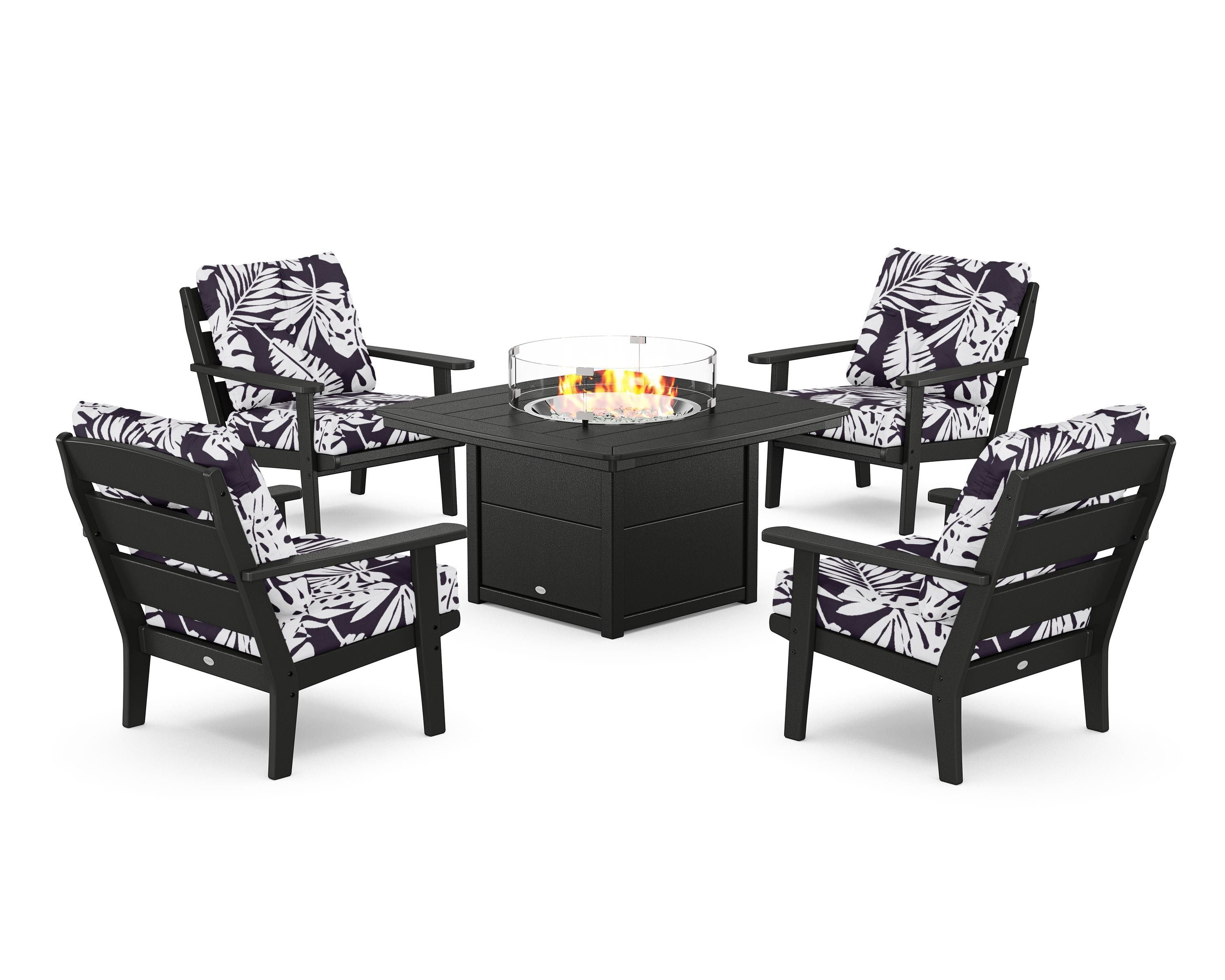 POLYWOOD® Lakeside 5-Piece Deep Seating Set with Nautical Fire Pit Table in Black / Leaf Navy