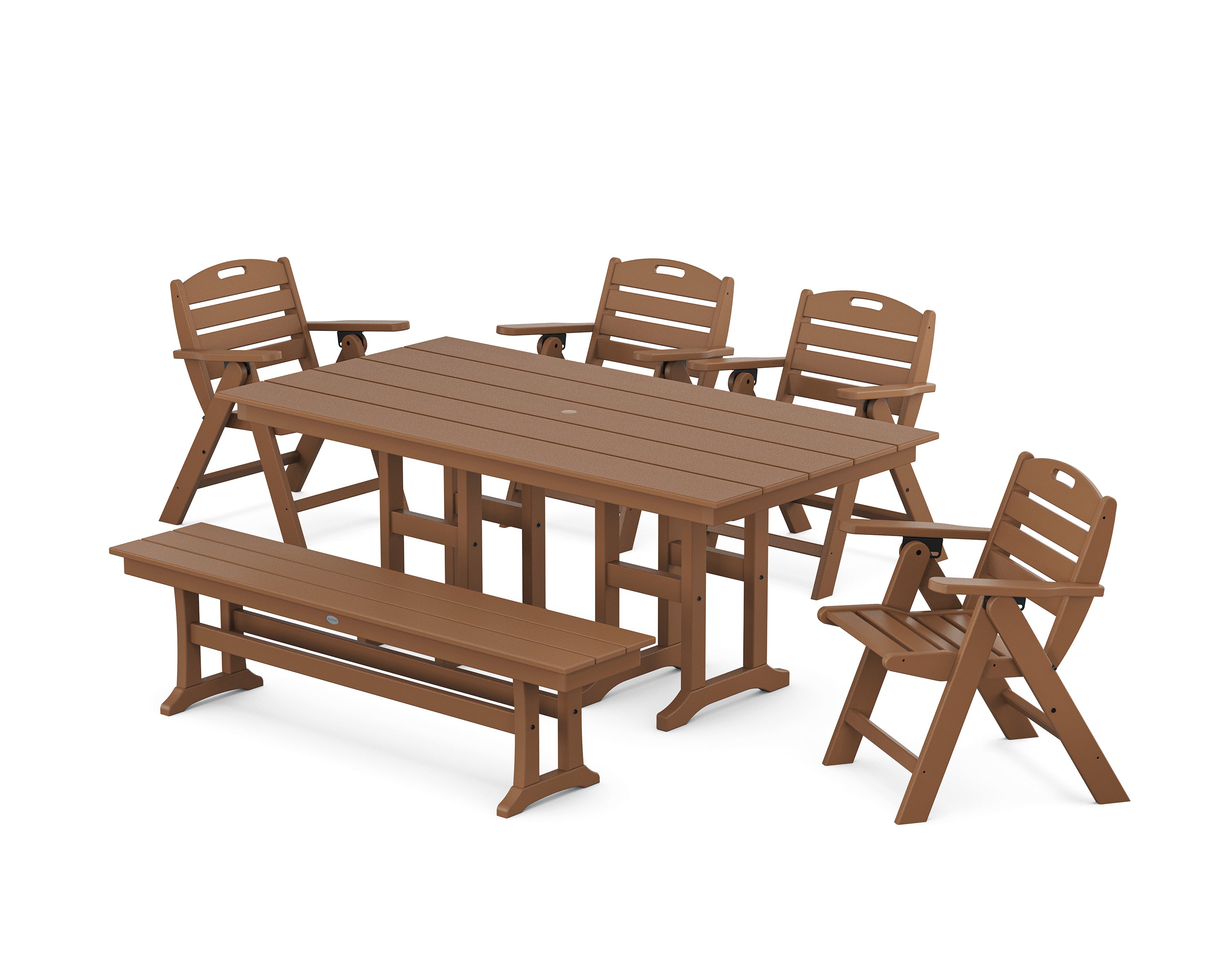 POLYWOOD® Nautical Lowback 6-Piece Farmhouse Dining Set with Bench in Teak
