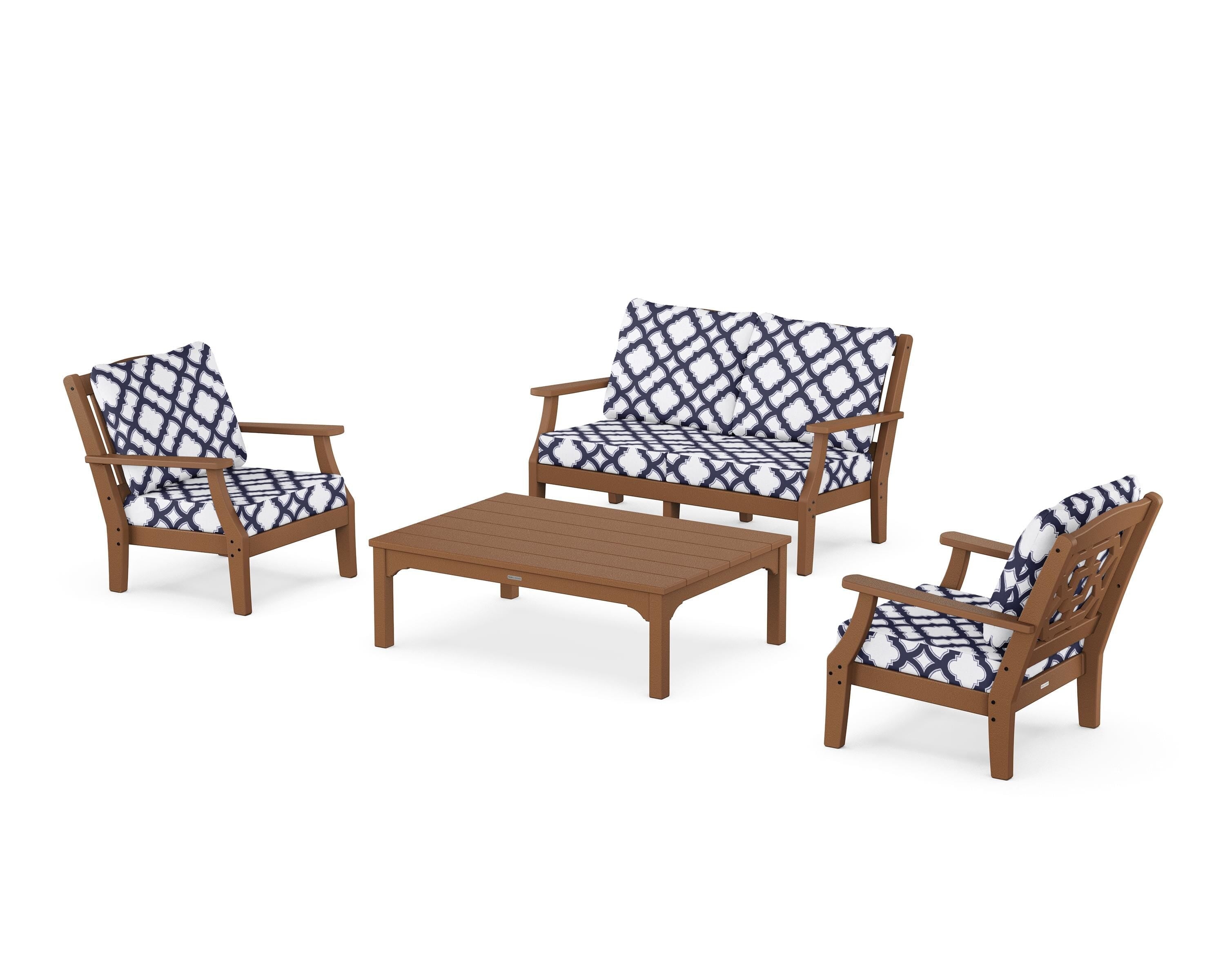Martha Stewart by POLYWOOD® Chinoiserie 4-Piece Deep Seating Set with Loveseat in Teak / Trellis Navy