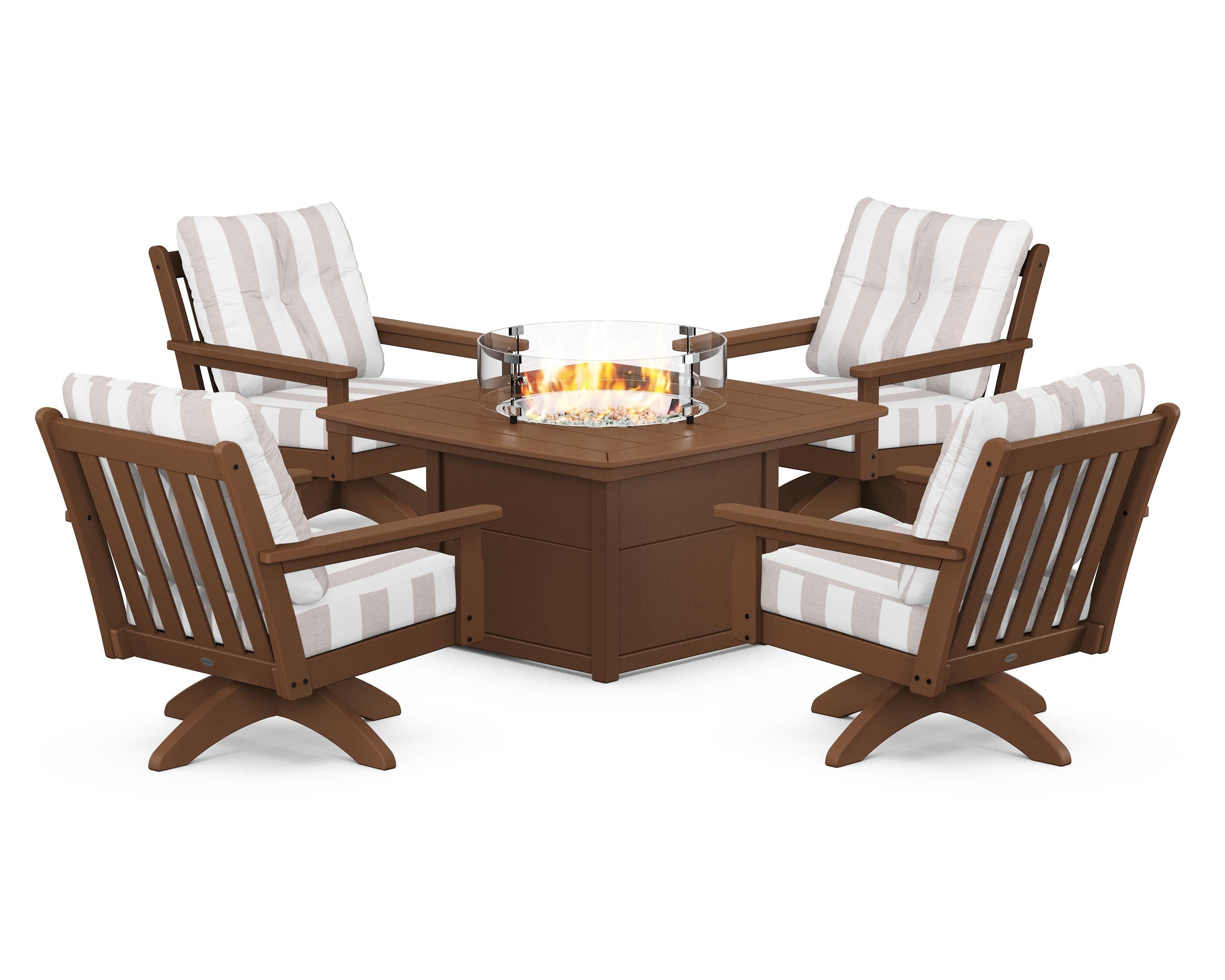 POLYWOOD® Vineyard 5-Piece Deep Seating Swivel Conversation Set with Fire Pit Table in Teak / Cabana Stripe Dune Burlap