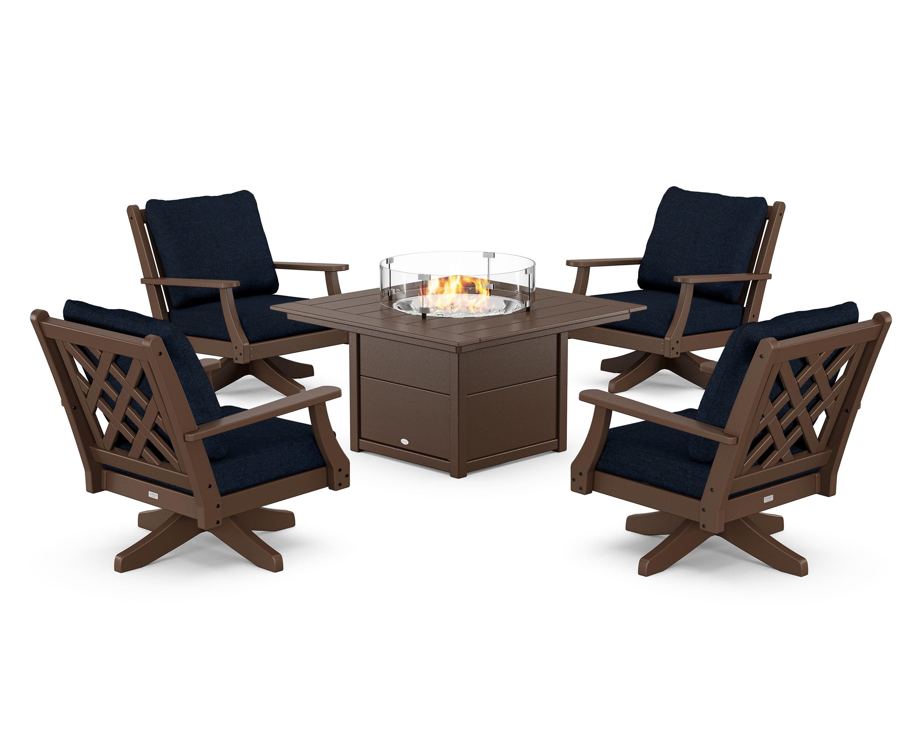 Country Living Wovendale 5-Piece Deep Seating Swivel Conversation Set with Fire Pit Table in Mahogany / Marine Indigo