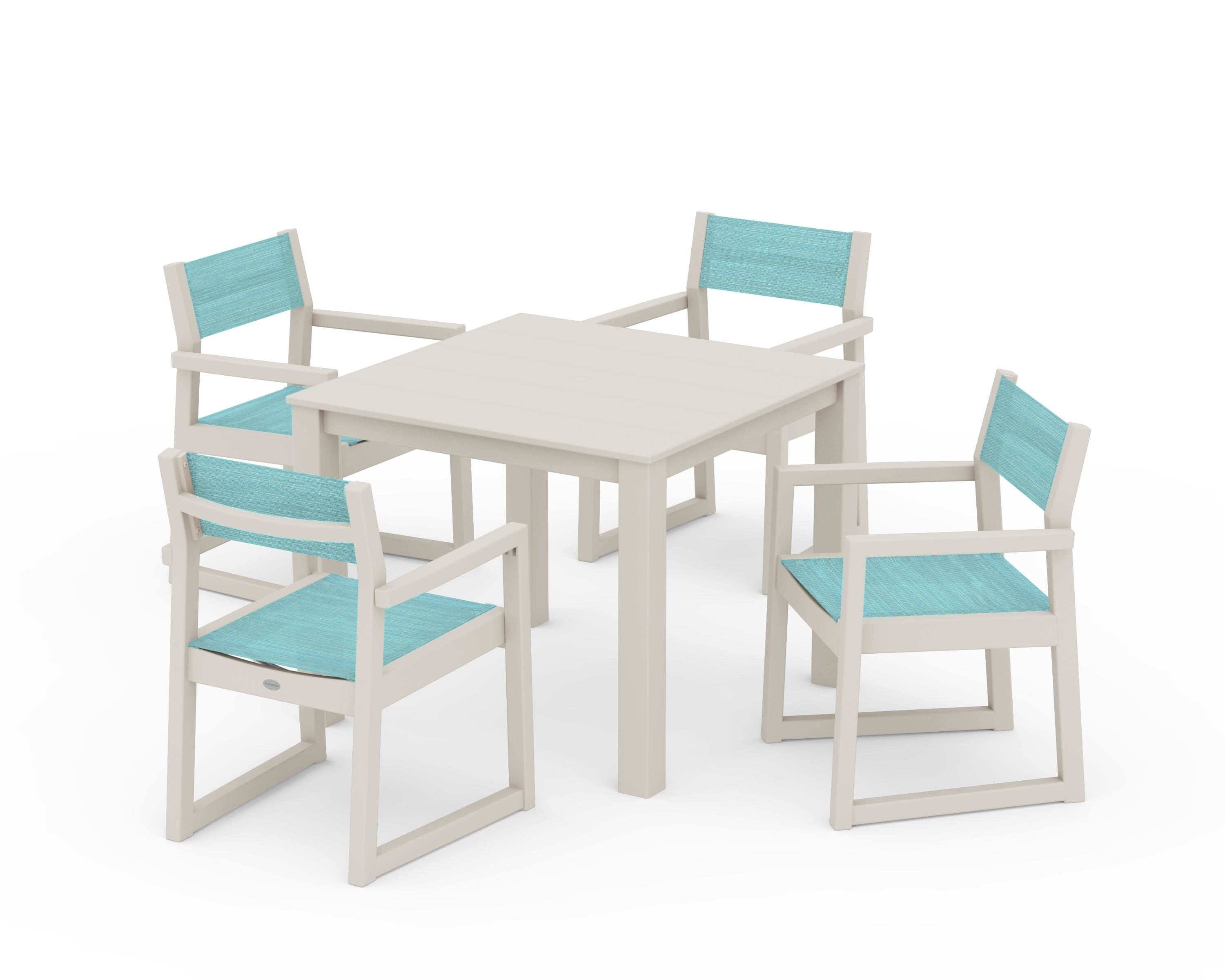 POLYWOOD® EDGE Sling Arm Chair 5-Piece Parsons Dining Set in Sand / Dupioni Aquamarine Sling