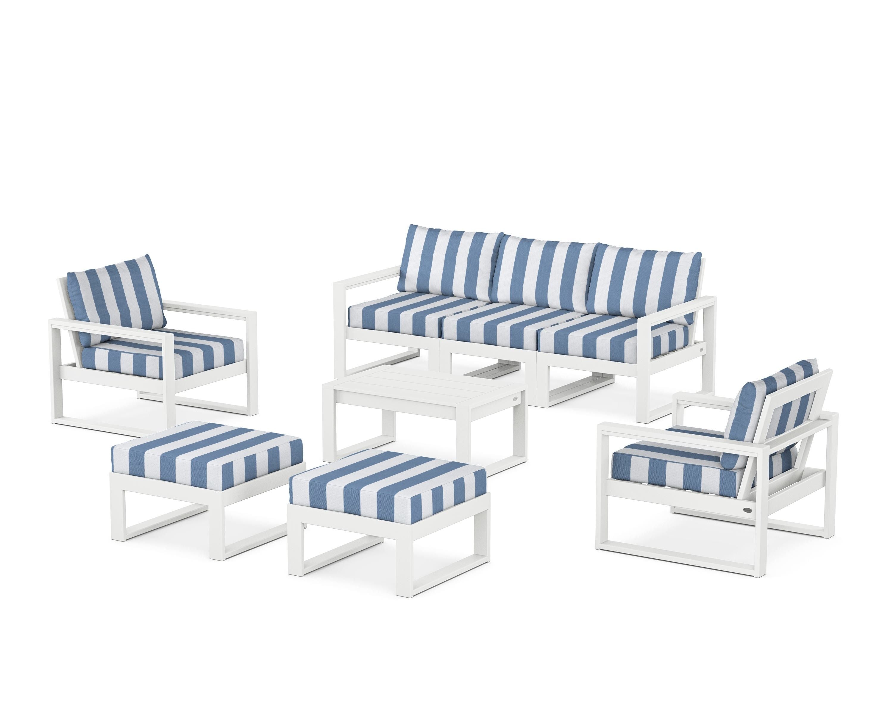 POLYWOOD® EDGE Sectional 8-Piece Lounge Sofa Set in White / Cabana Stripe Sky Blue