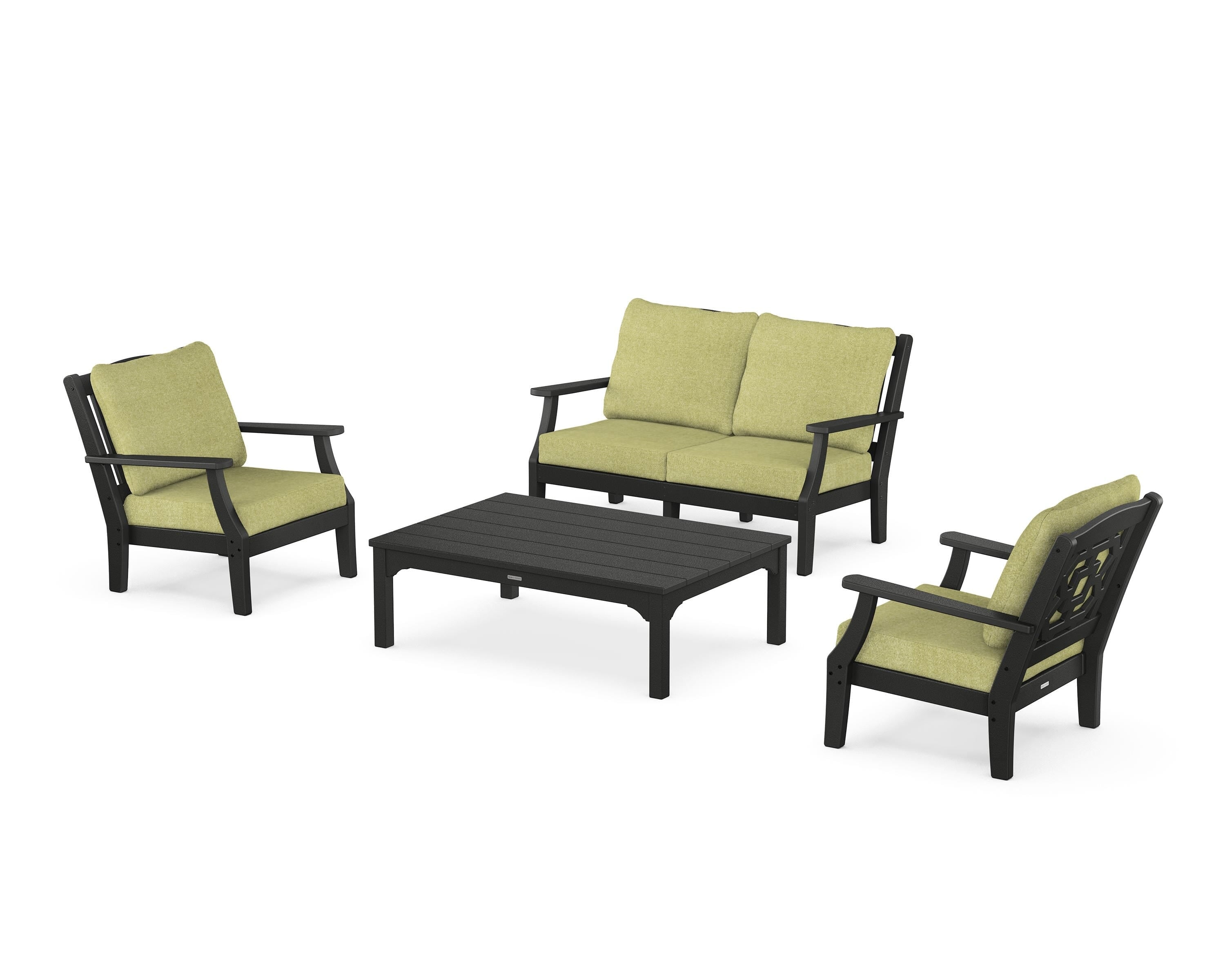 Martha Stewart by POLYWOOD® Chinoiserie 4-Piece Deep Seating Set with Loveseat in Black / Chartreuse Boucle