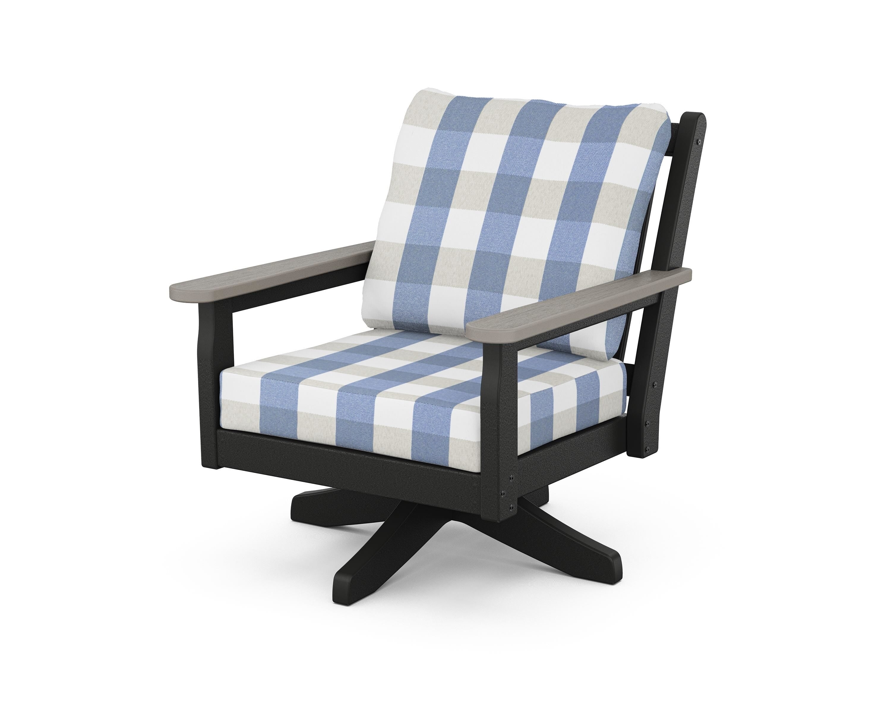 POLYWOOD® Chippendale Deep Seating Swivel Chair in Black / Driftwood / Buffalo Plaid Sky Blue