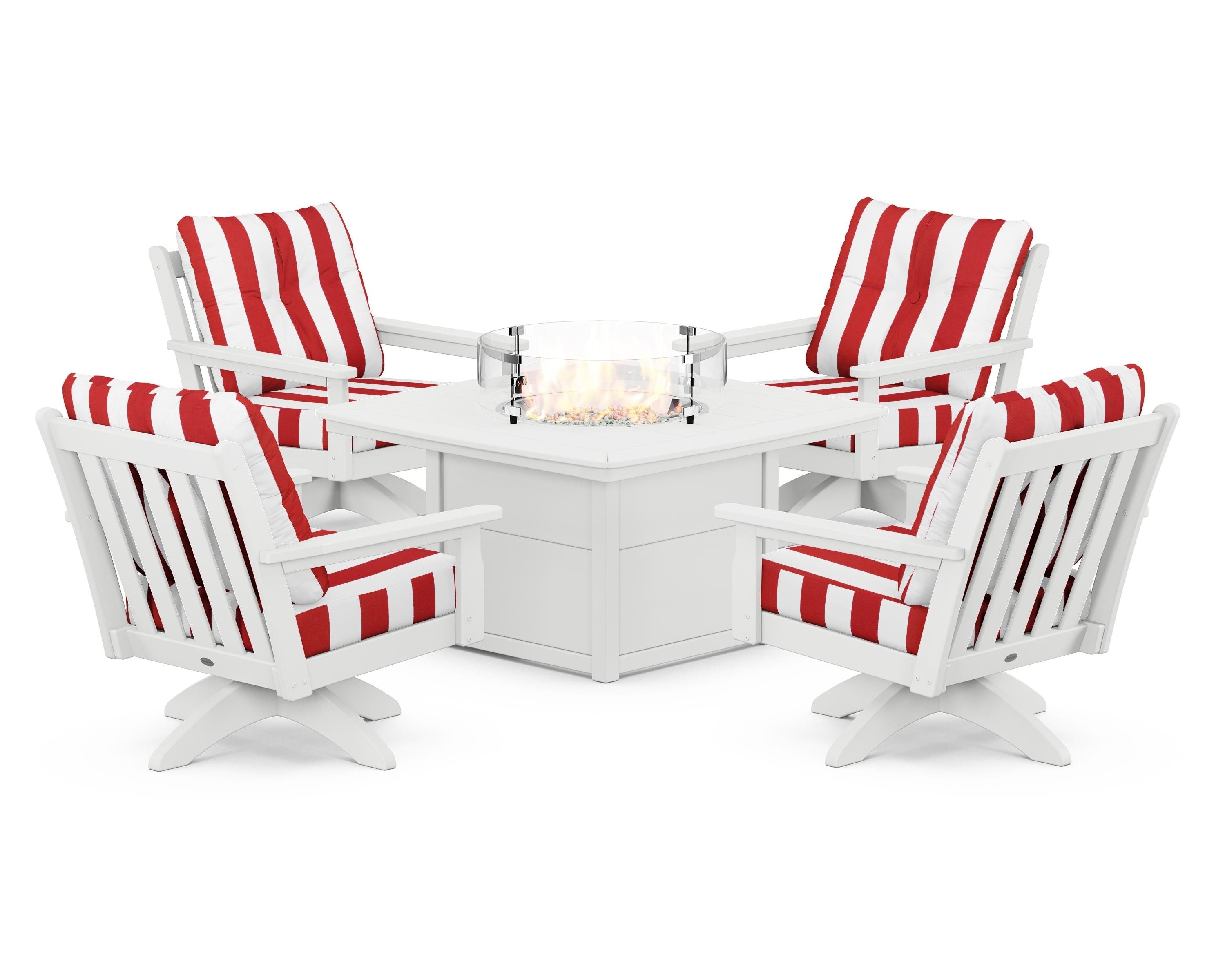 POLYWOOD® Vineyard 5-Piece Deep Seating Swivel Conversation Set with Fire Pit Table in White / Cabana Stripe Crimson