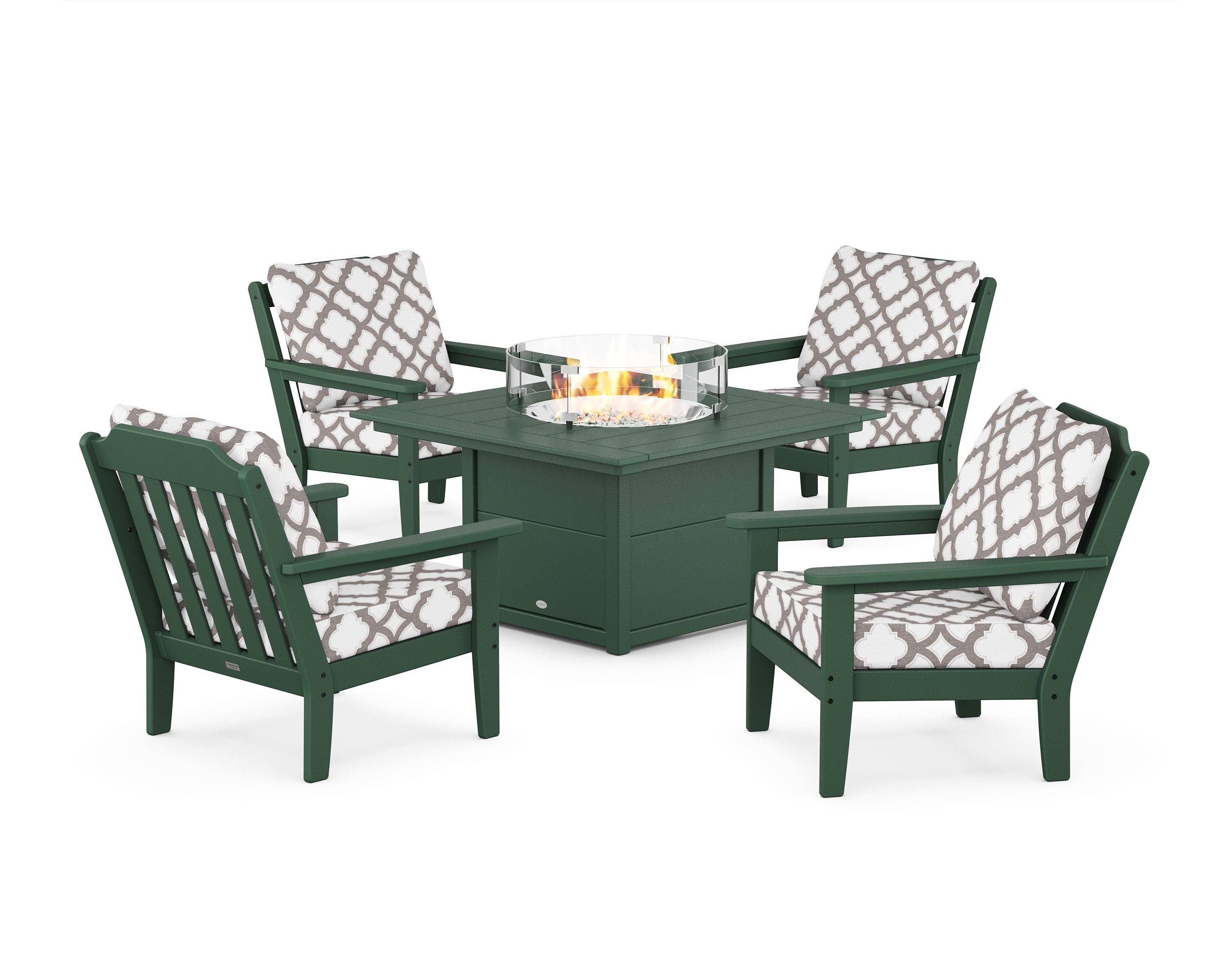 Country Living Cottage 5-Piece Deep Seating Set with Fire Pit Table in Green / Trellis Grey Mist