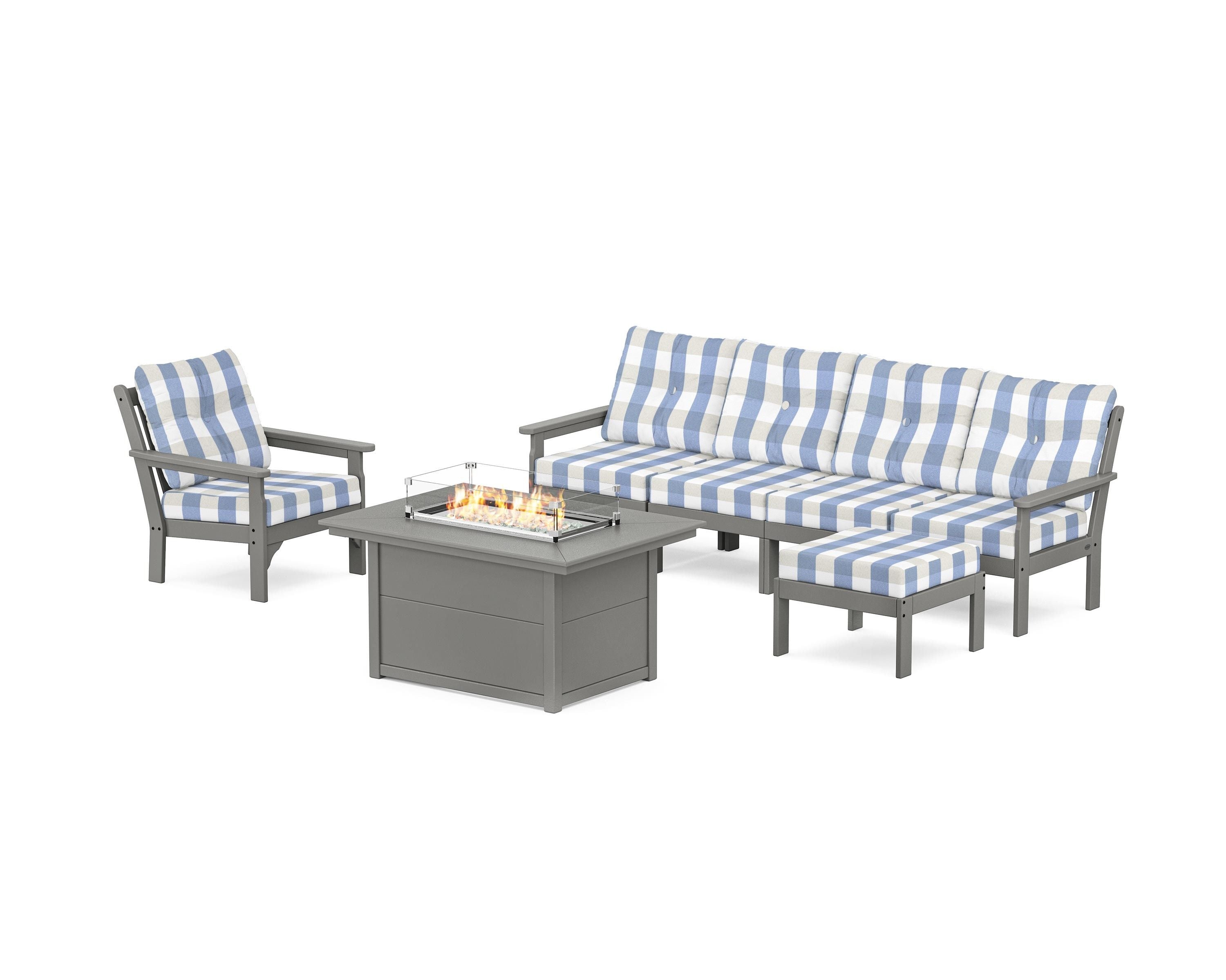 POLYWOOD® Vineyard Sectional Lounge and Fire Pit Set in Slate Grey / Buffalo Plaid Sky Blue