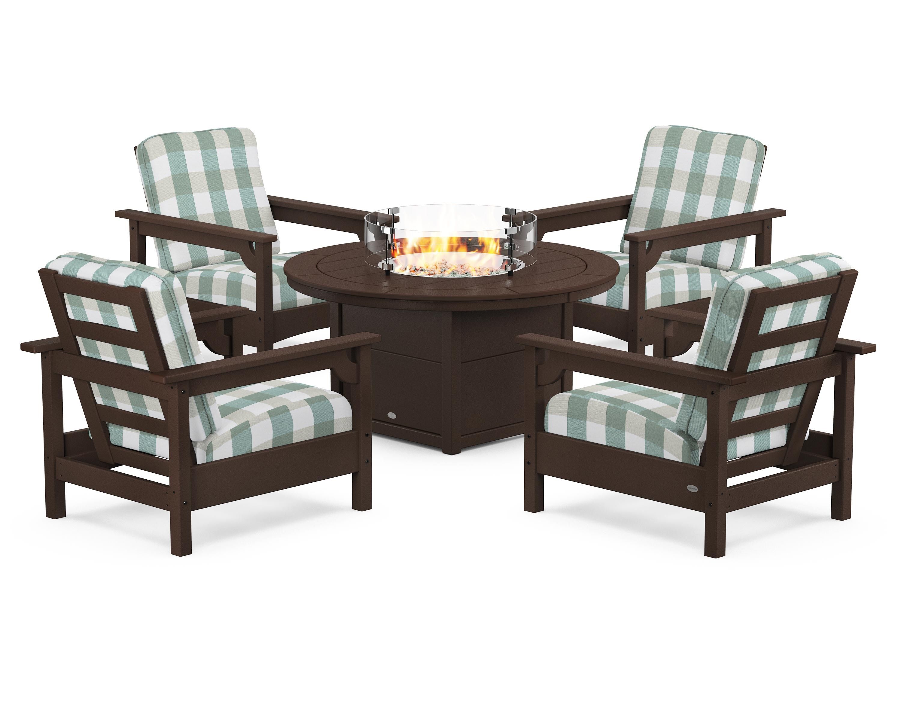 POLYWOOD® Club 5-Piece Conversation Set with Fire Pit Table in Mahogany / Buffalo Plaid Glacier Spa