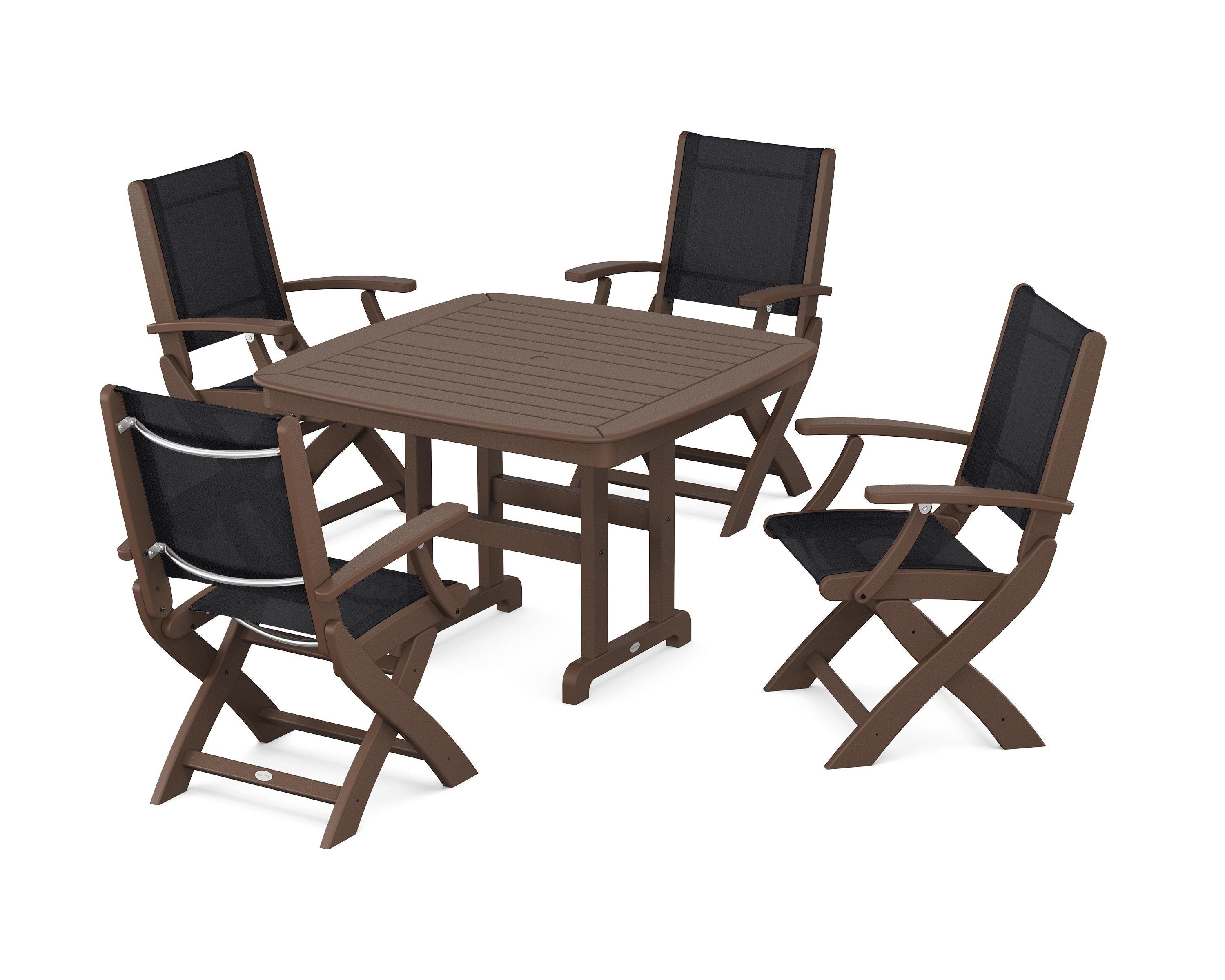 POLYWOOD® Coastal Folding Chair 5-Piece Dining Set in Mahogany / Black Sling