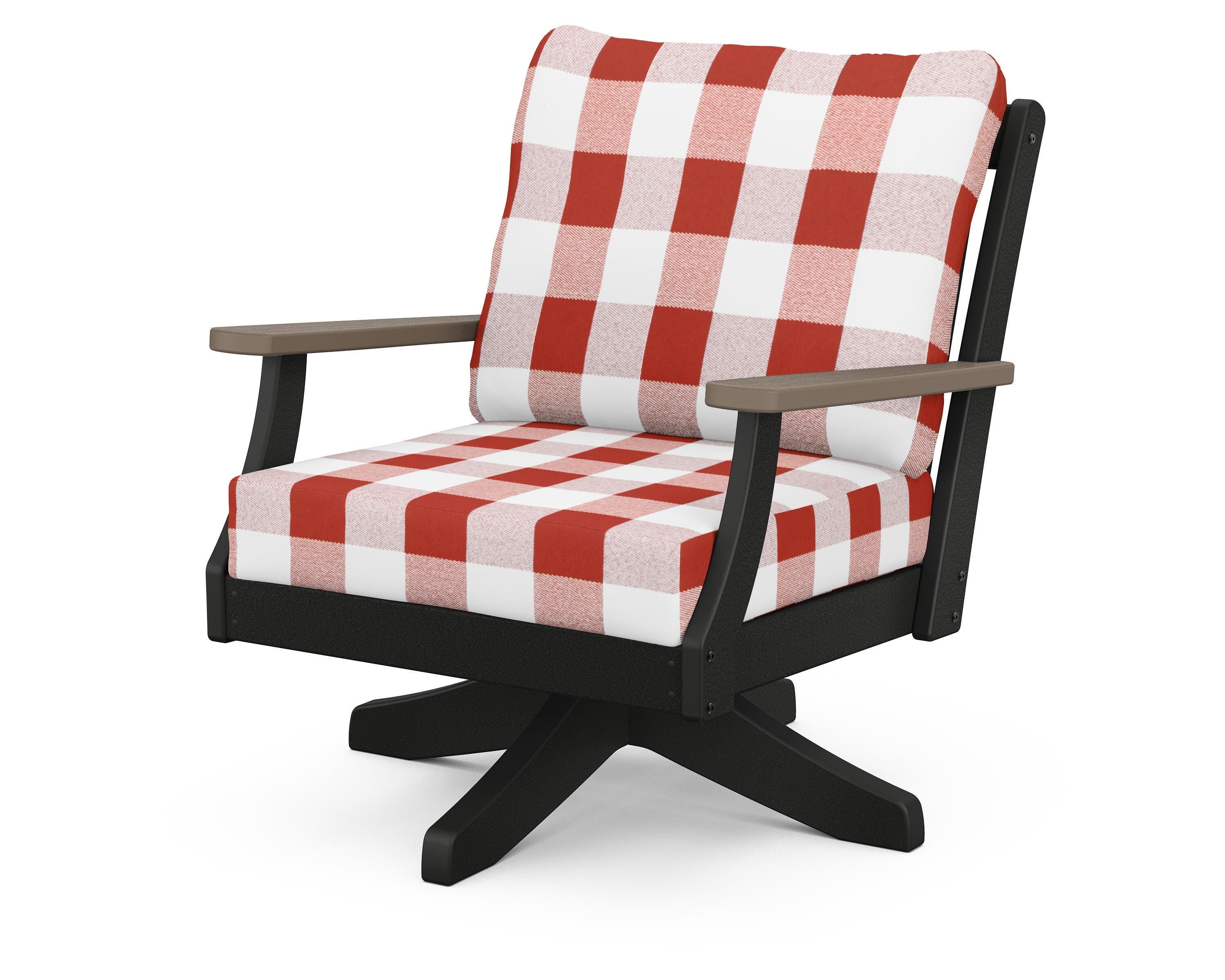 POLYWOOD® Braxton Deep Seating Swivel Chair in Black / Kona / Buffalo Plaid Crimson