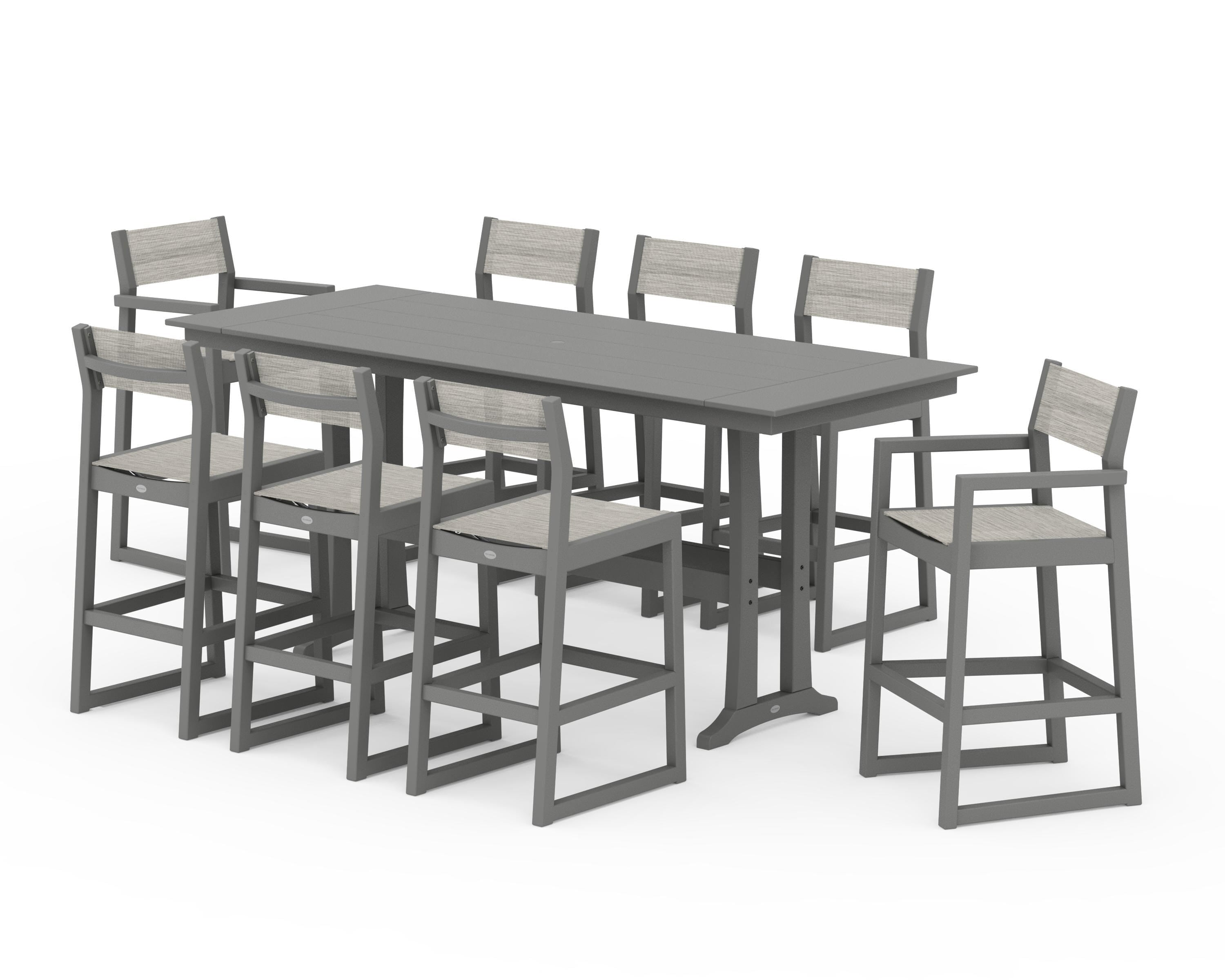 POLYWOOD® EDGE Sling 9-Piece Farmhouse Bar Set with Trestle Legs in Slate Grey / Birch Sling