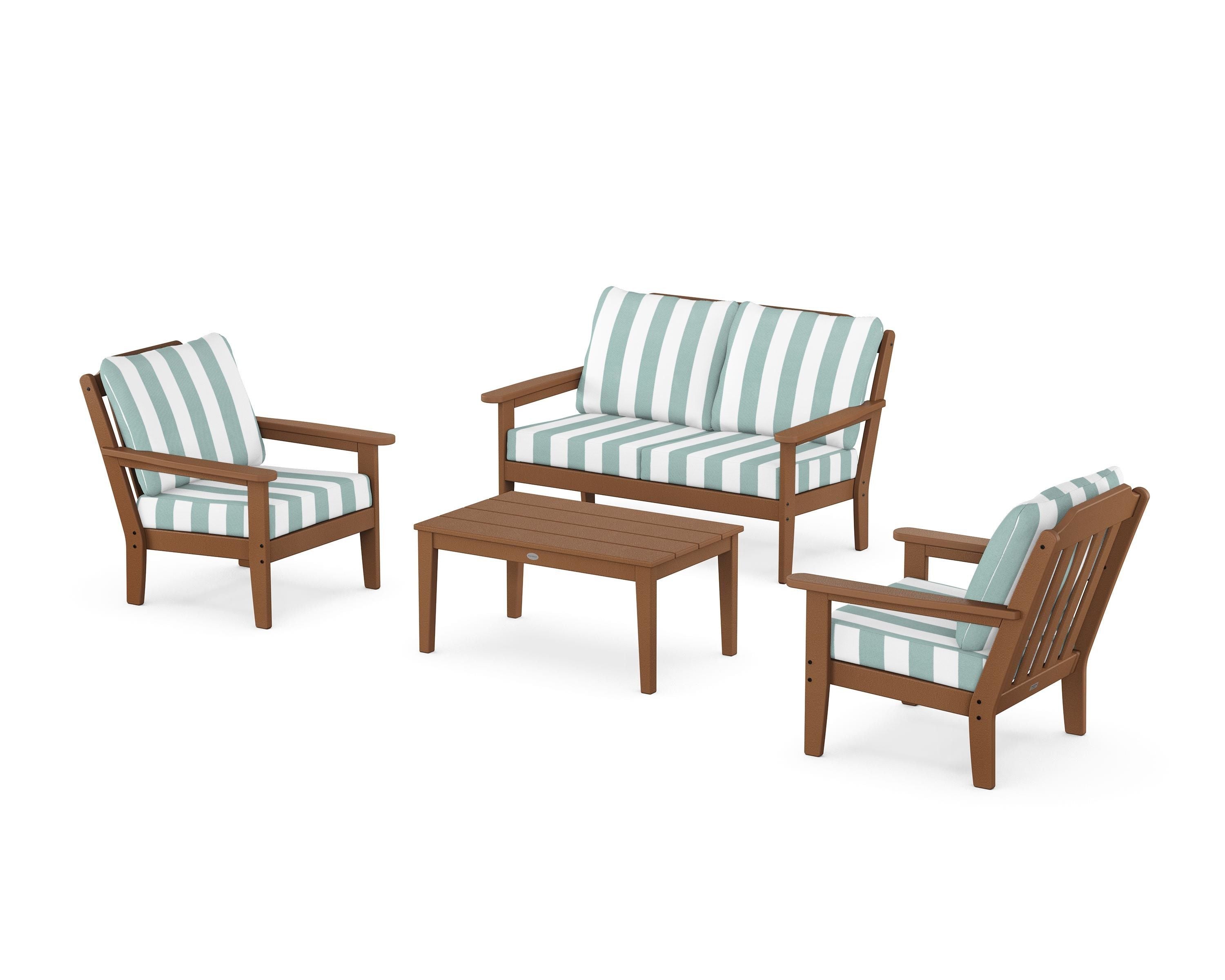 Country Living Cottage 4-Piece Deep Seating Set with Loveseat in Teak / Cabana Stripe Glacier Spa