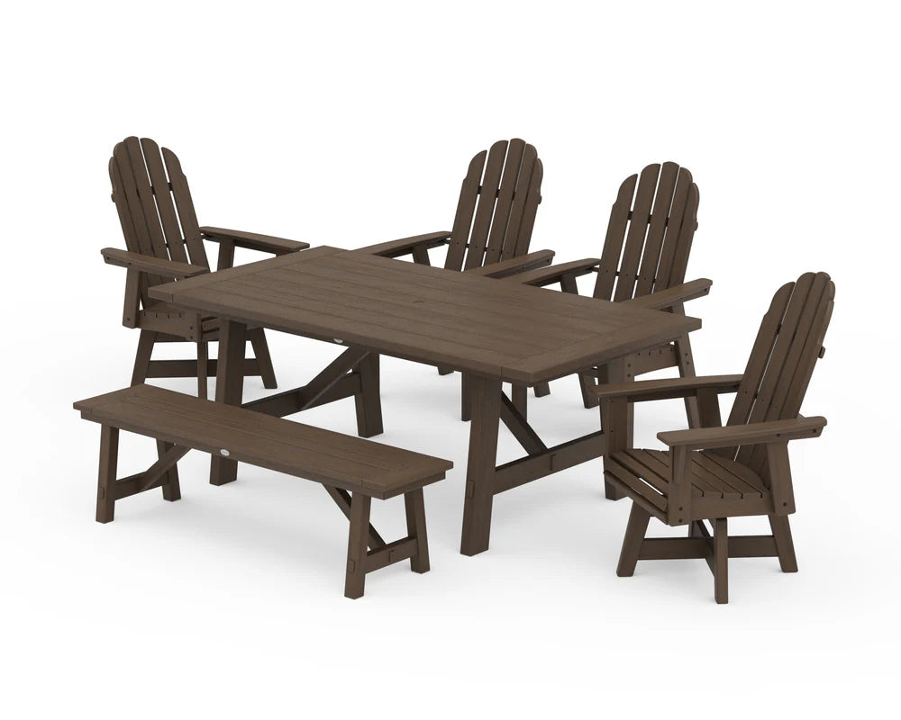 Vineyard Curveback Adirondack Swivel Chair 6-Piece Rustic Farmhouse Dining Set With Bench