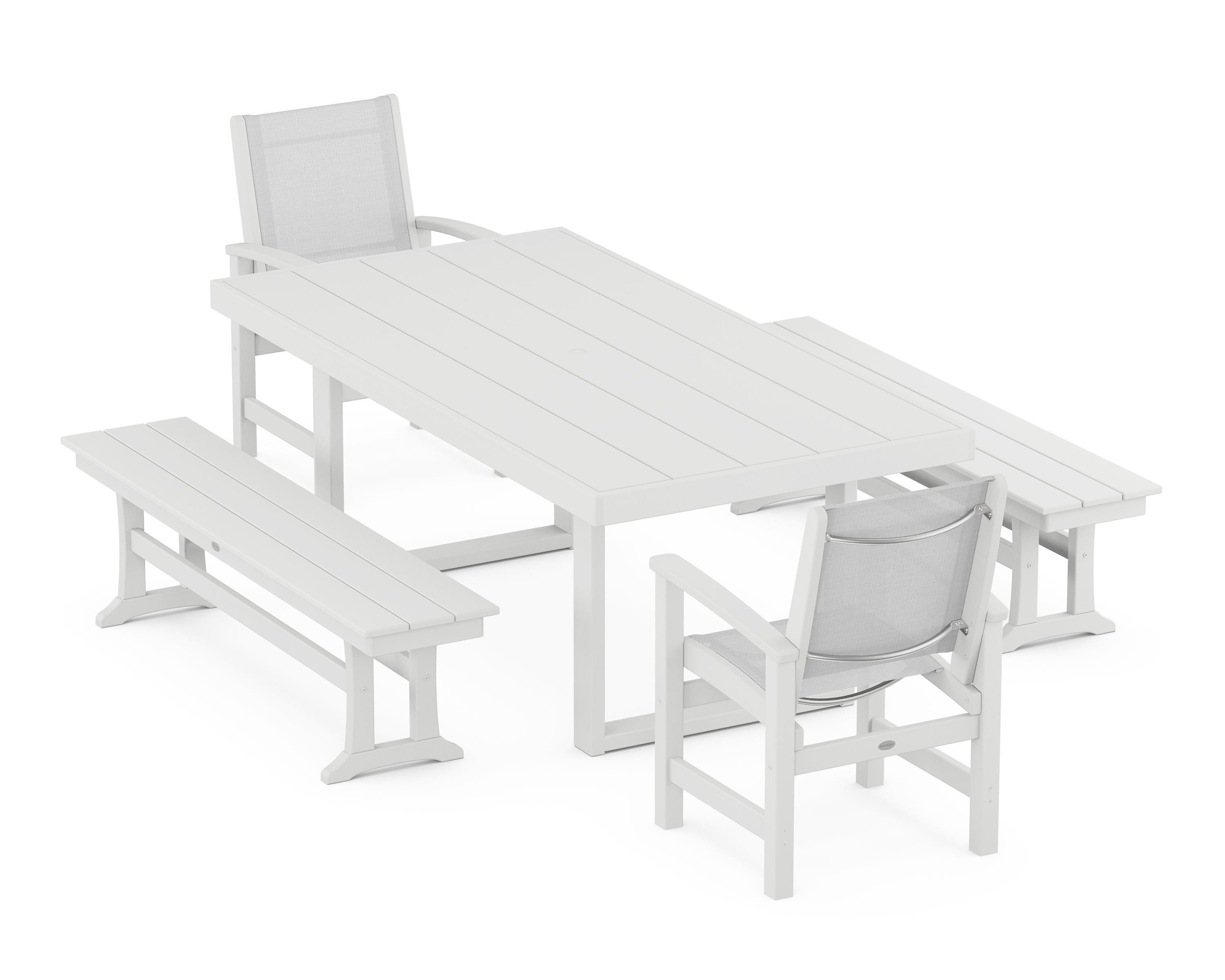 POLYWOOD® Coastal 5-Piece Dining Set with Trestle Legs in White / White Sling