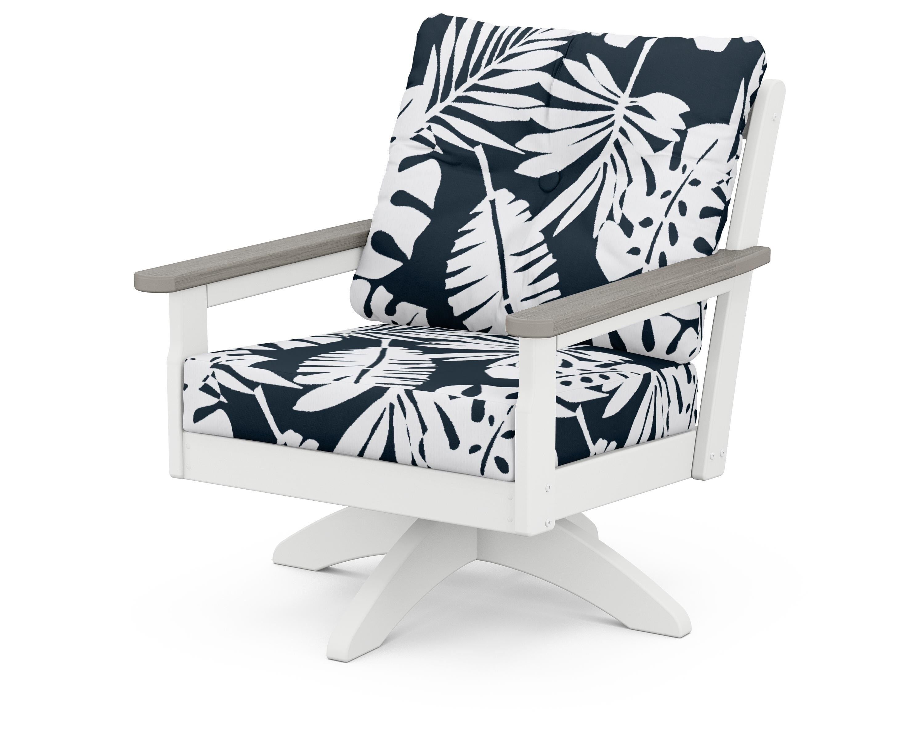 POLYWOOD® Vineyard Deep Seating Swivel Chair in White / Driftwood / Leaf Marine Indigo