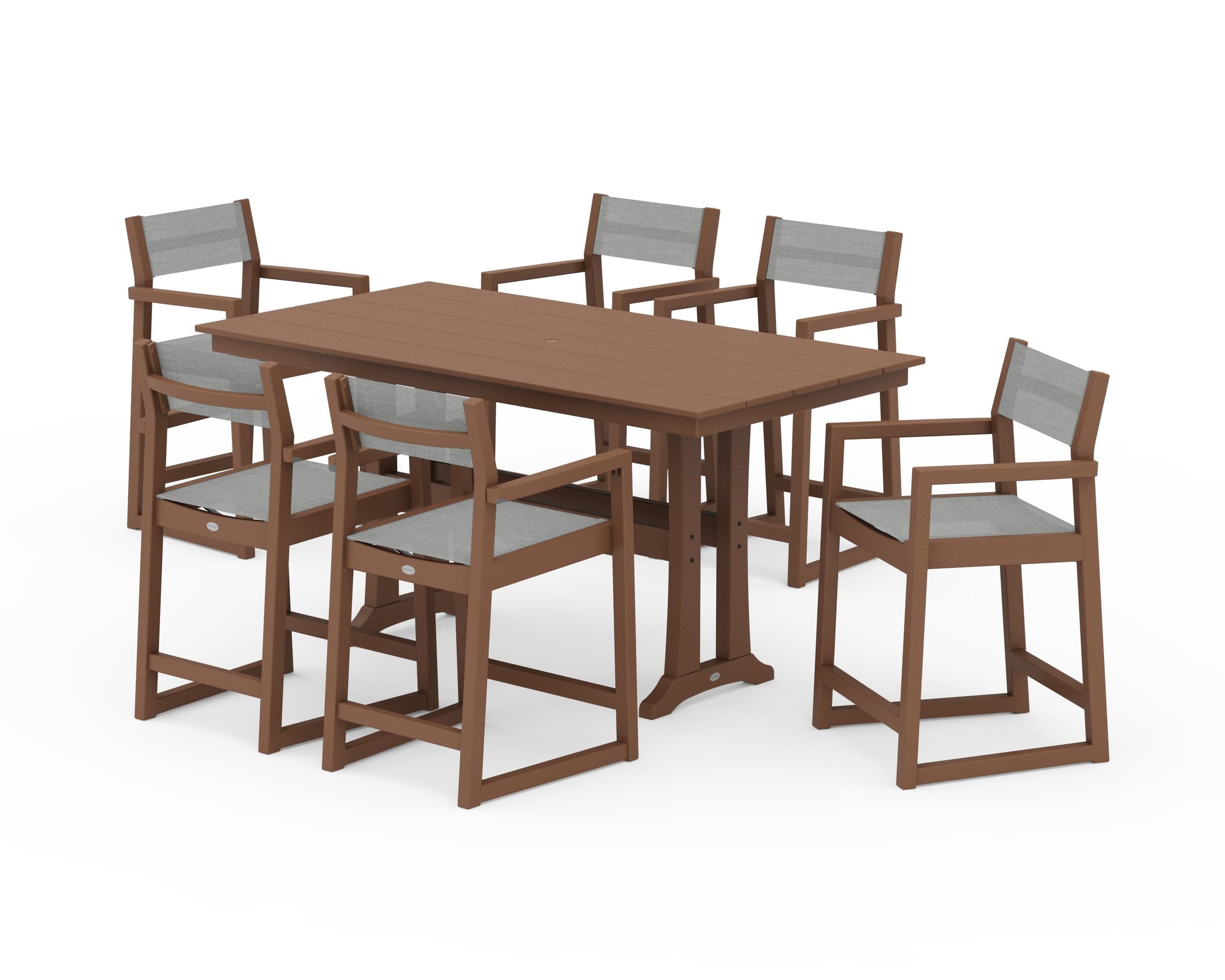 POLYWOOD® EDGE Sling Arm Chair 7-Piece Farmhouse Counter Set with Trestle Legs in Teak / Metallic Sling