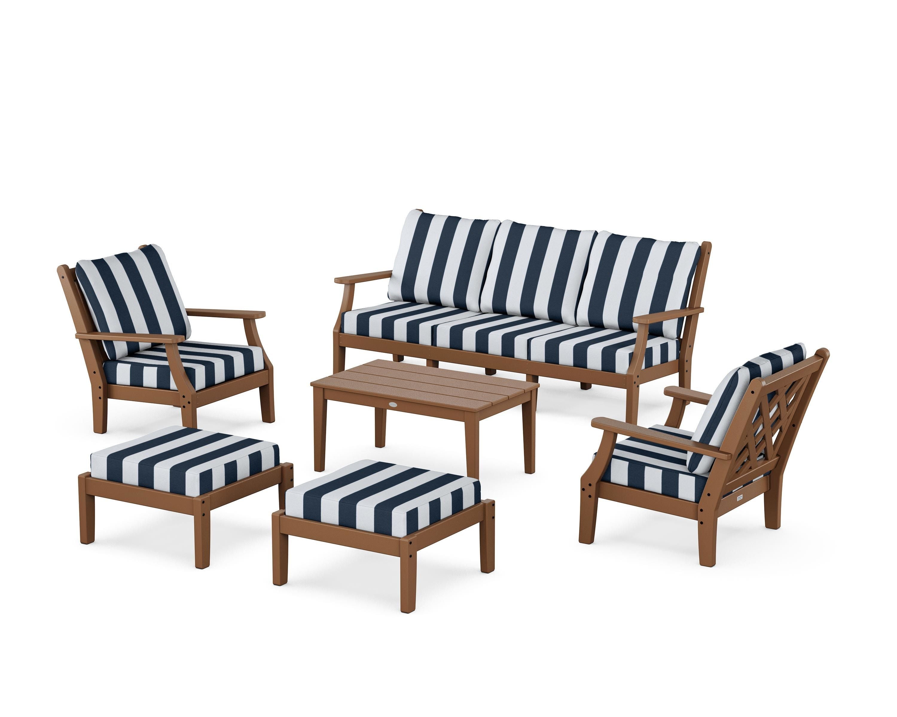 Country Living Wovendale 6-Piece Lounge Sofa Set in Teak / Cabana Stripe Marine Indigo