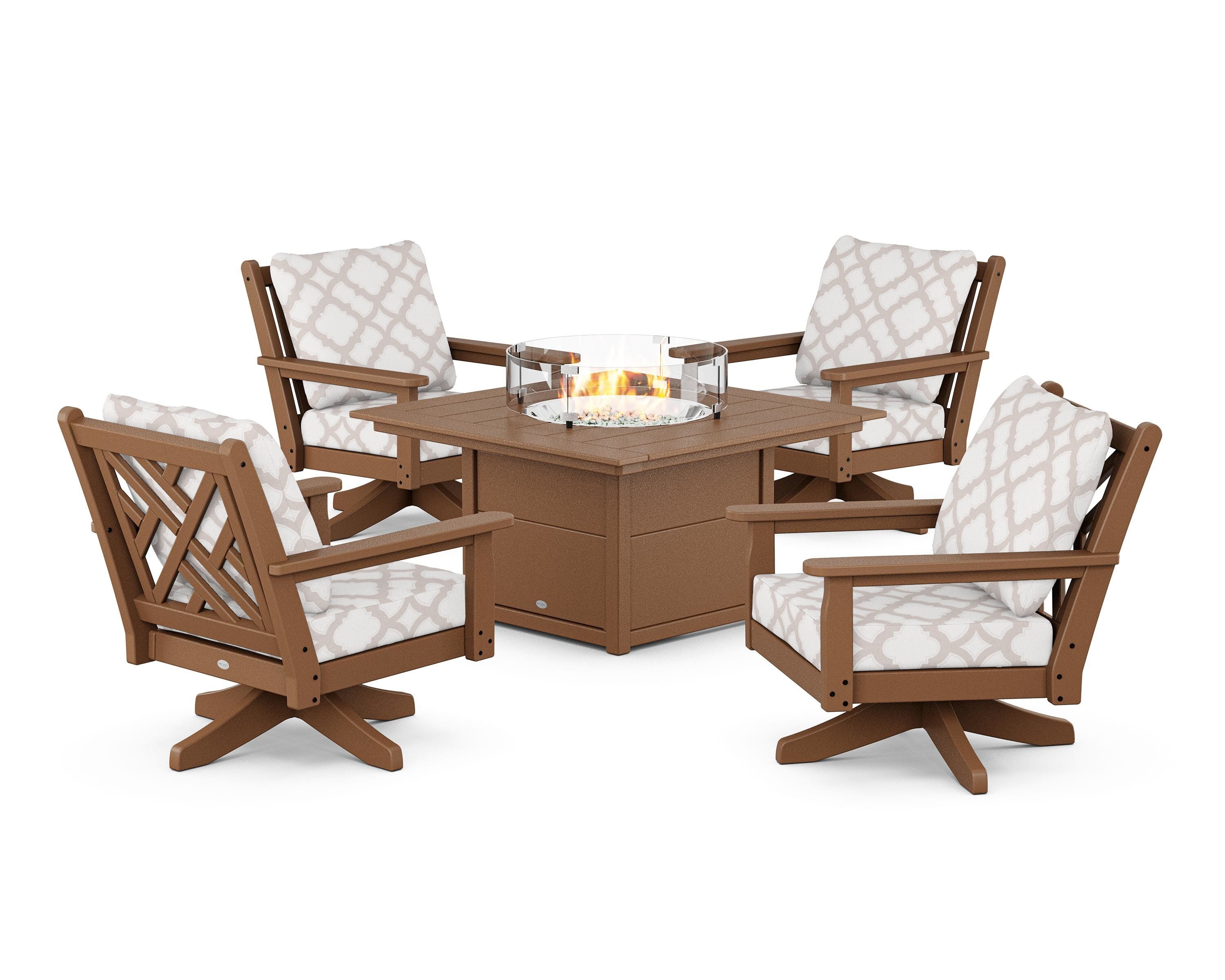 POLYWOOD® Chippendale 5-Piece Deep Seating Swivel Conversation Set with Fire Pit Table in Teak / Trellis Dune Burlap