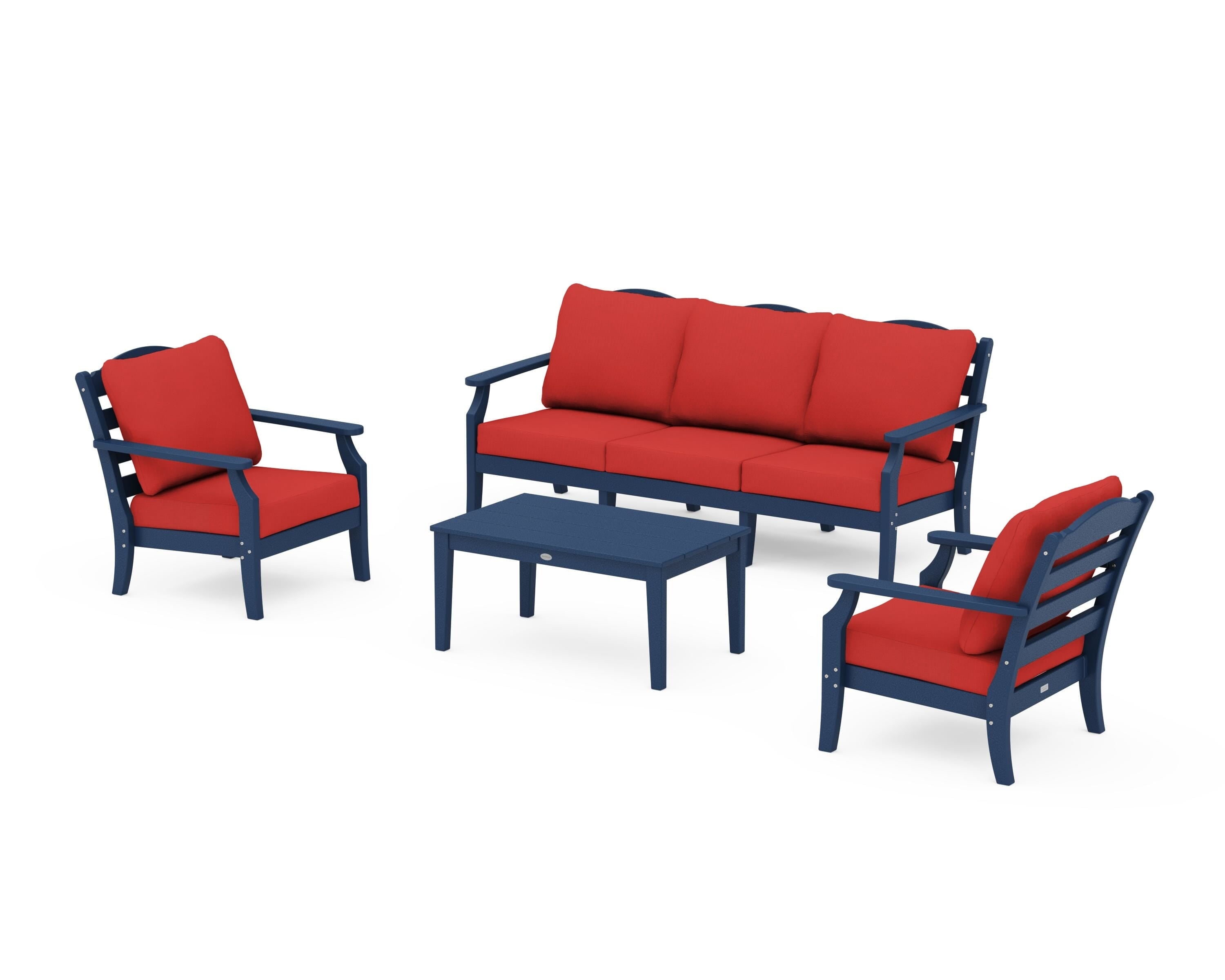 Draper James™ by POLYWOOD® Savannah 4-Piece Deep Seating Set with Sofa in Navy / Crimson Linen