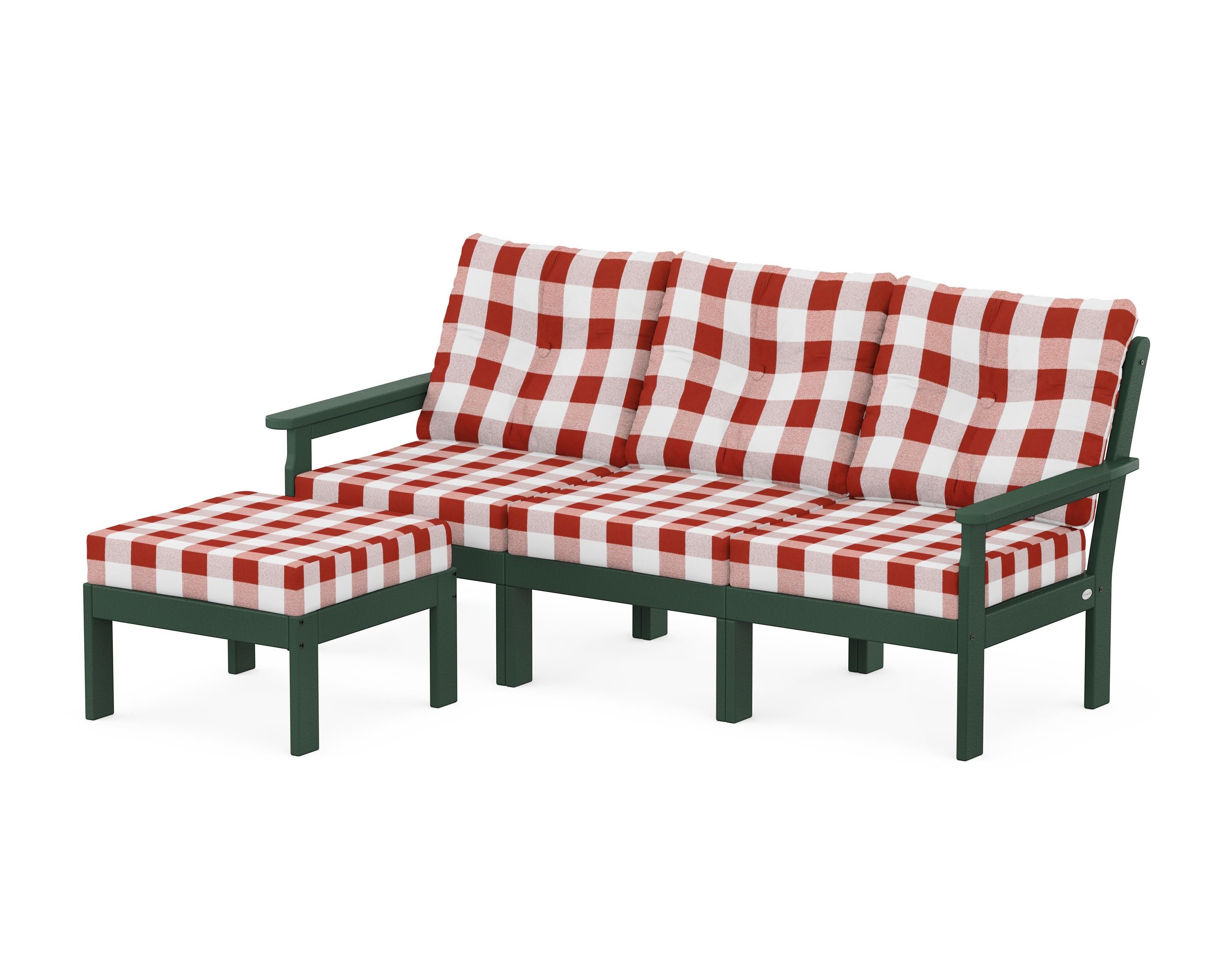 POLYWOOD® Vineyard 4-Piece Sectional with Ottoman in Green / Buffalo Plaid Crimson