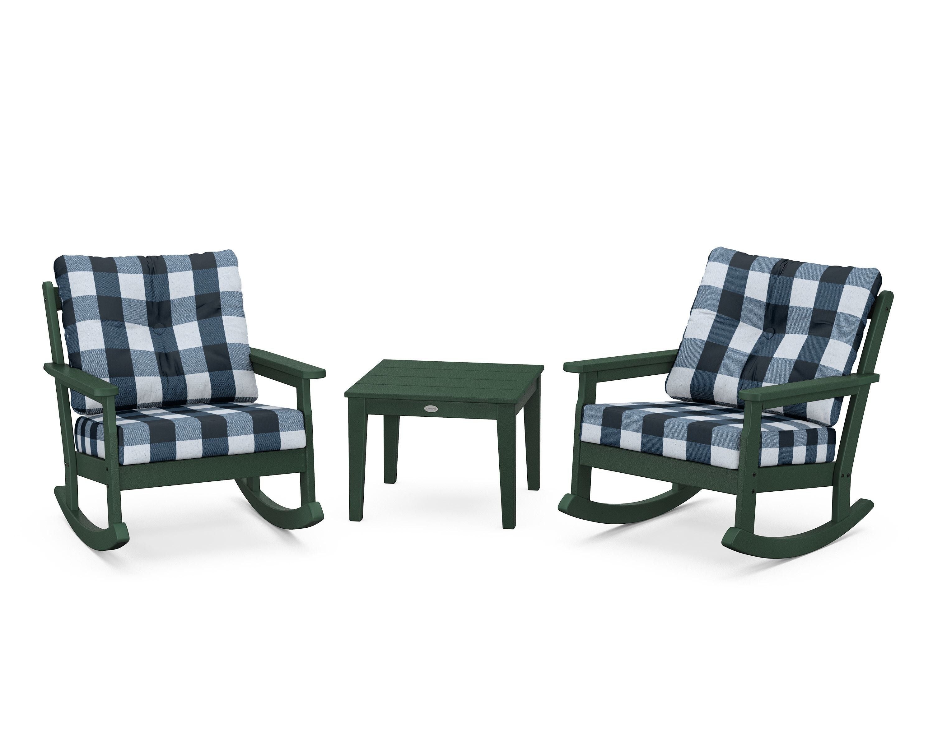 POLYWOOD® Vineyard 3-Piece Deep Seating Rocker Set in Green / Buffalo Plaid Marine Indigo