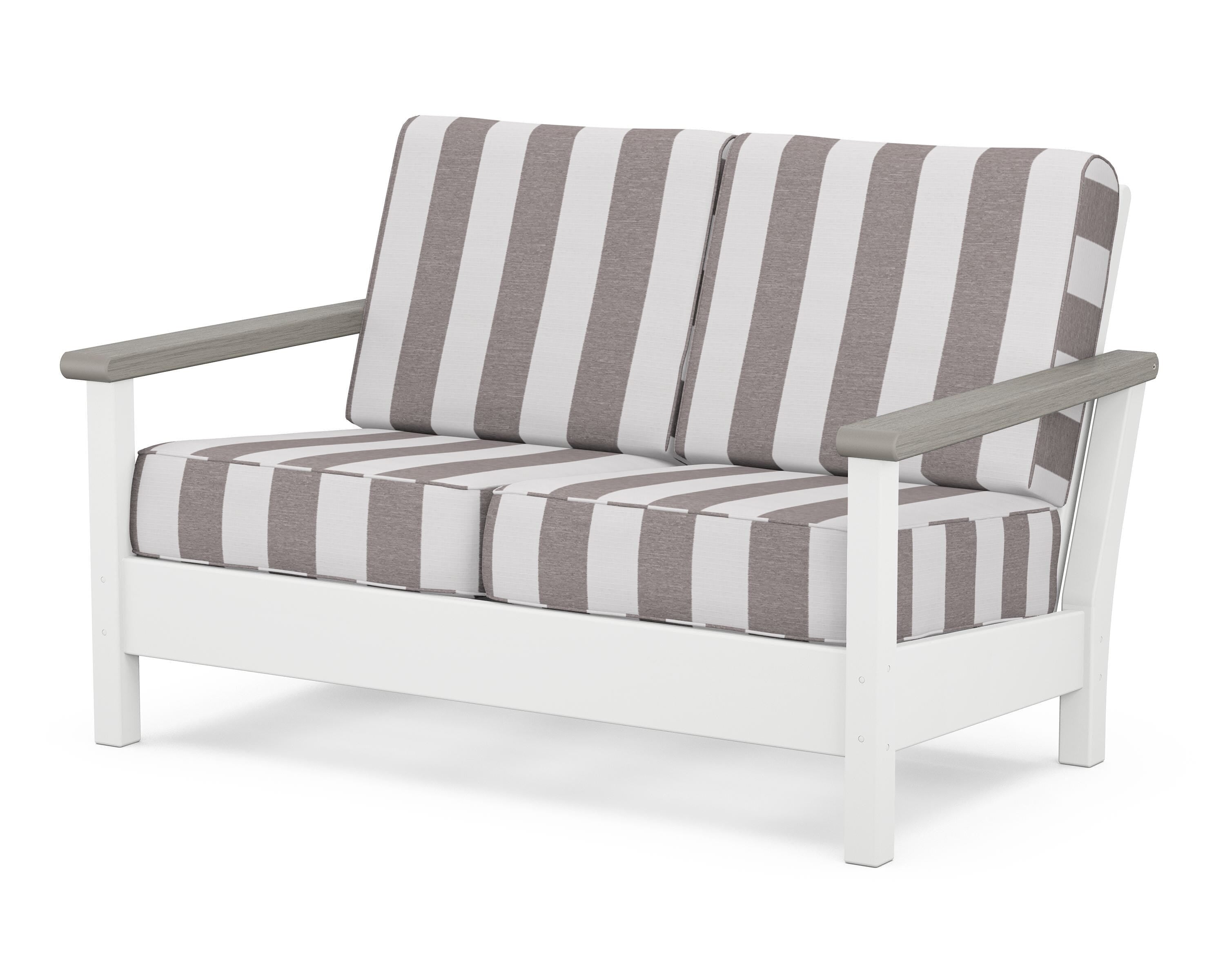 POLYWOOD® Harbour Deep Seating Loveseat in White / Driftwood / Cabana Stripe Grey Mist