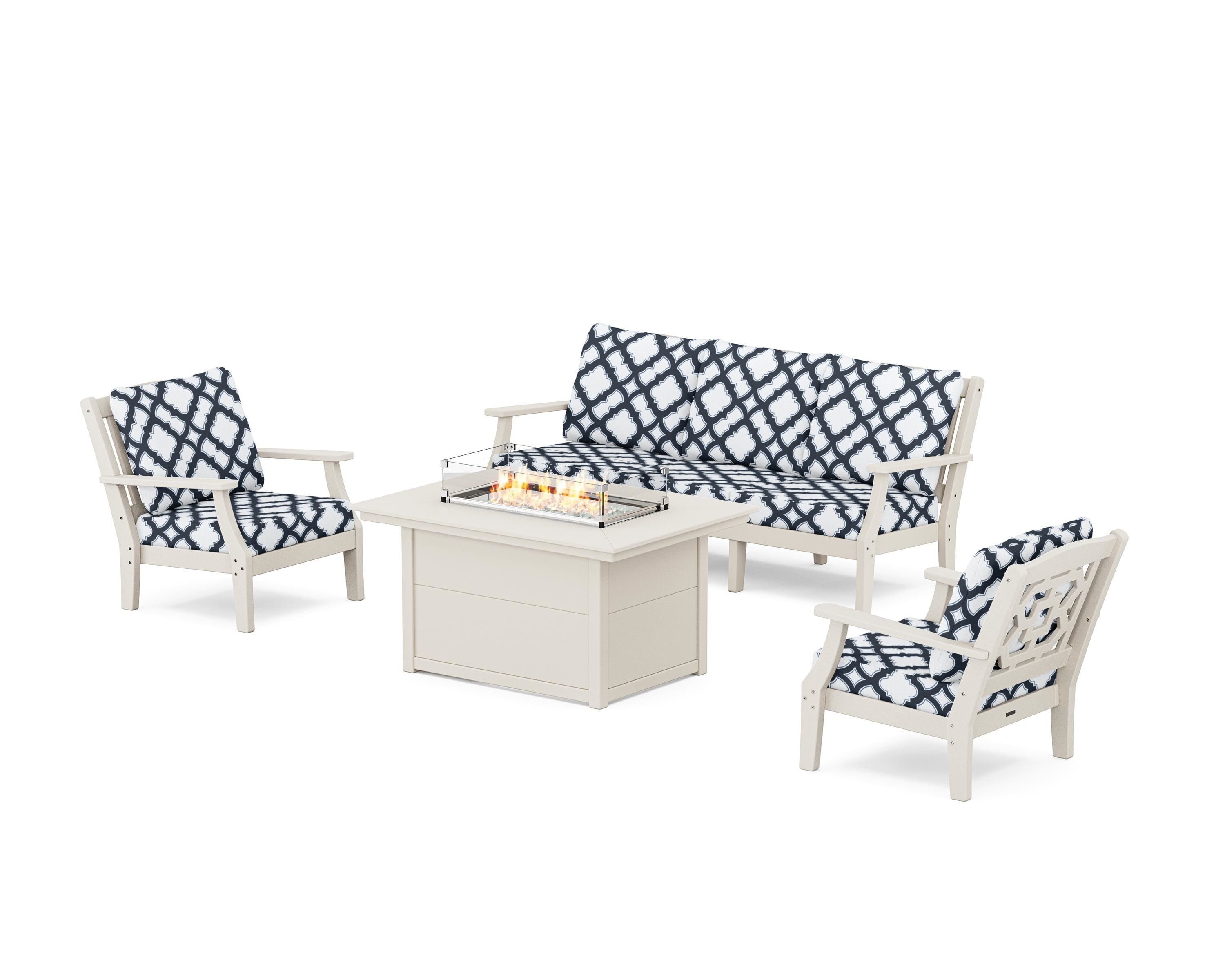 Martha Stewart by POLYWOOD® Chinoiserie Deep Seating Fire Pit Table Set in Sand / Trellis Marine Indigo