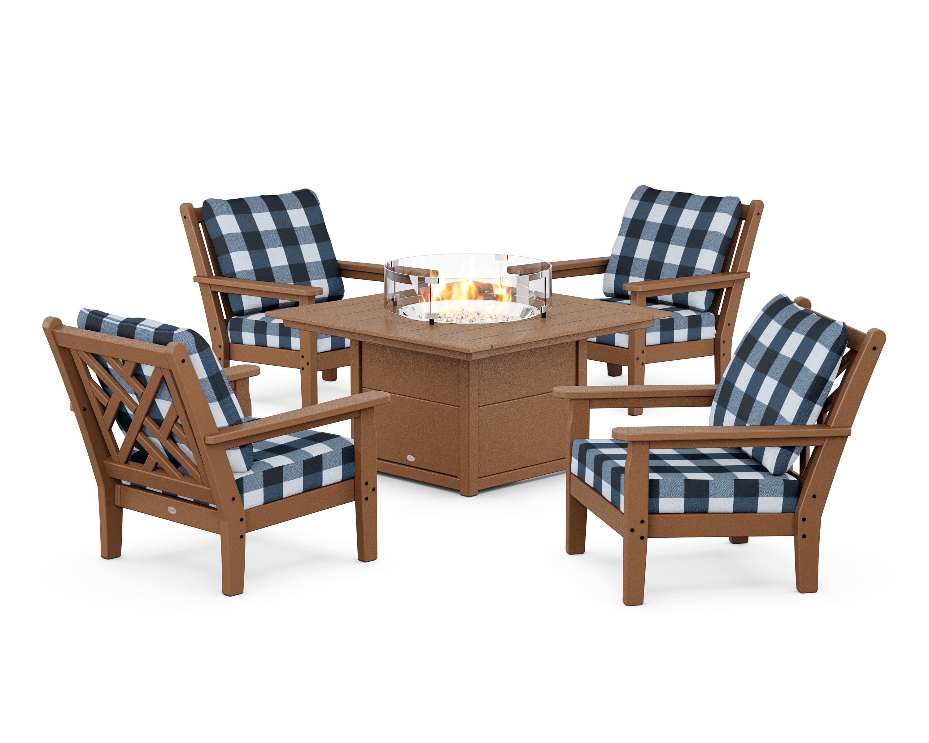 POLYWOOD® Chippendale 5-Piece Deep Seating Set with Fire Pit Table in Teak / Buffalo Plaid Marine Indigo