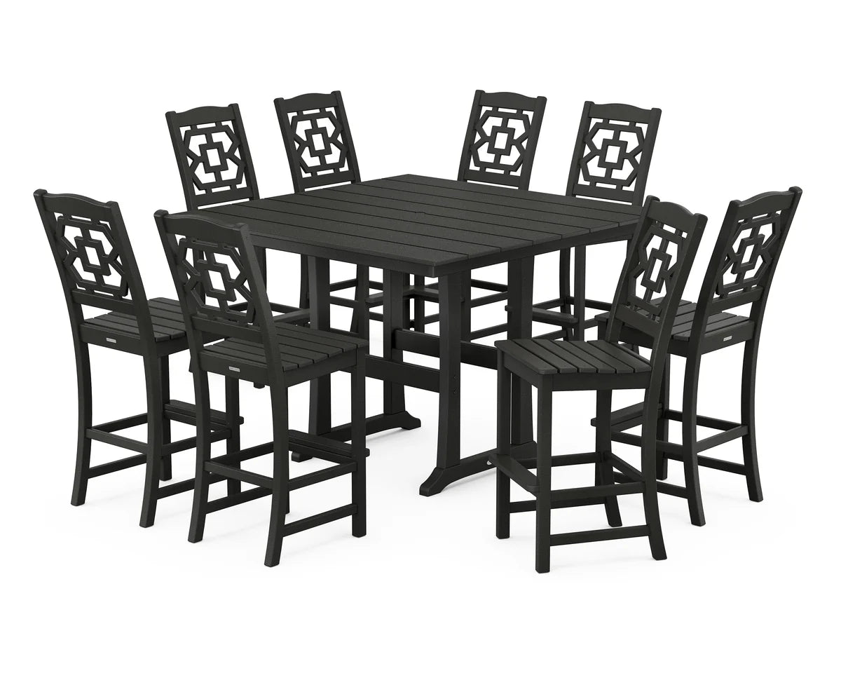 Chinoiserie 9-Piece Square Farmhouse Side Chair Bar Set with Trestle Legs
