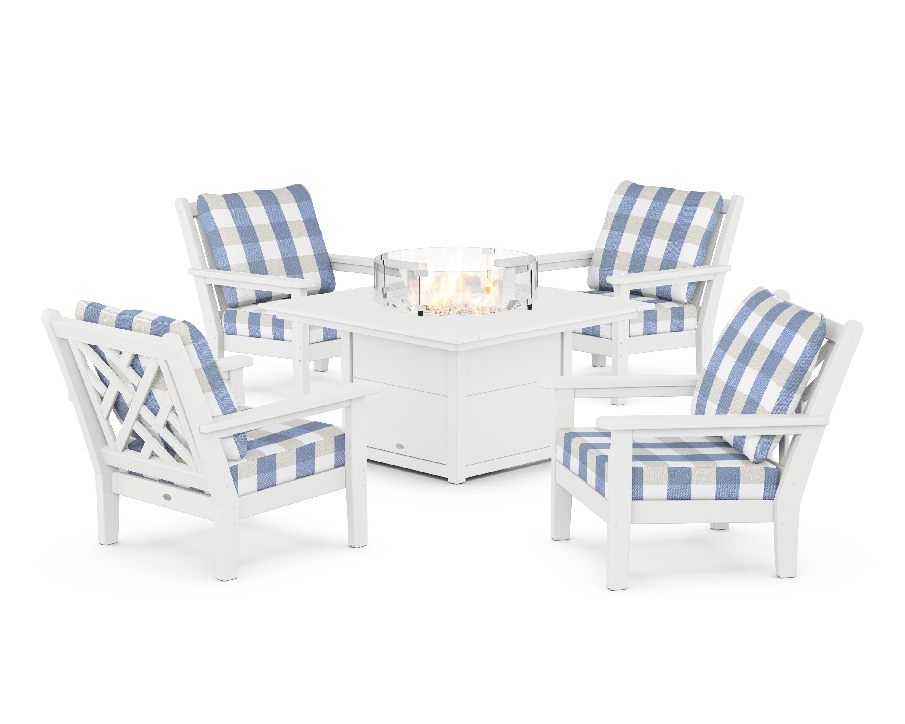 POLYWOOD® Chippendale 5-Piece Deep Seating Set with Fire Pit Table in White / Buffalo Plaid Sky Blue