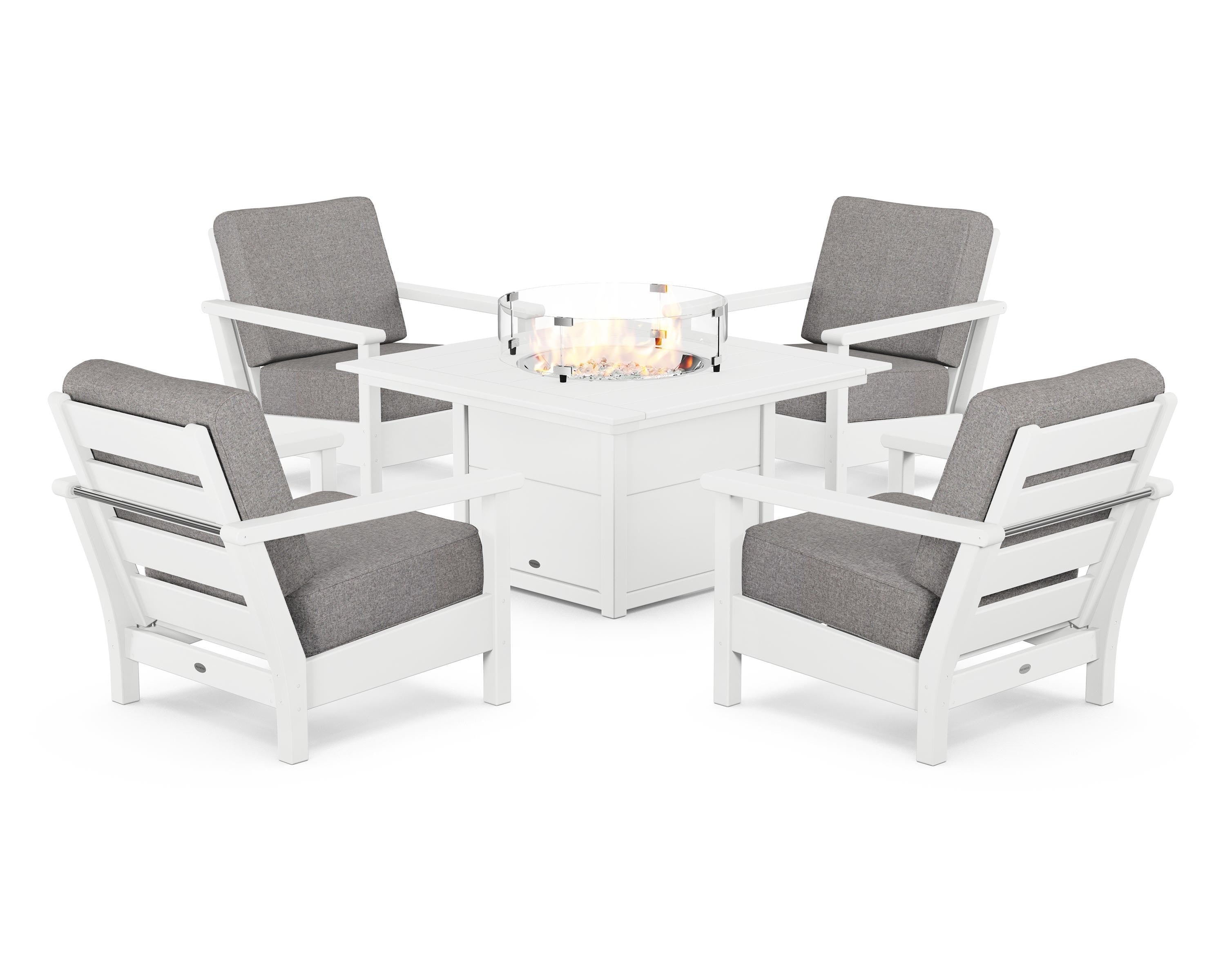 POLYWOOD® Harbour 5-Piece Conversation Set with Fire Pit Table in White / Grey Mist