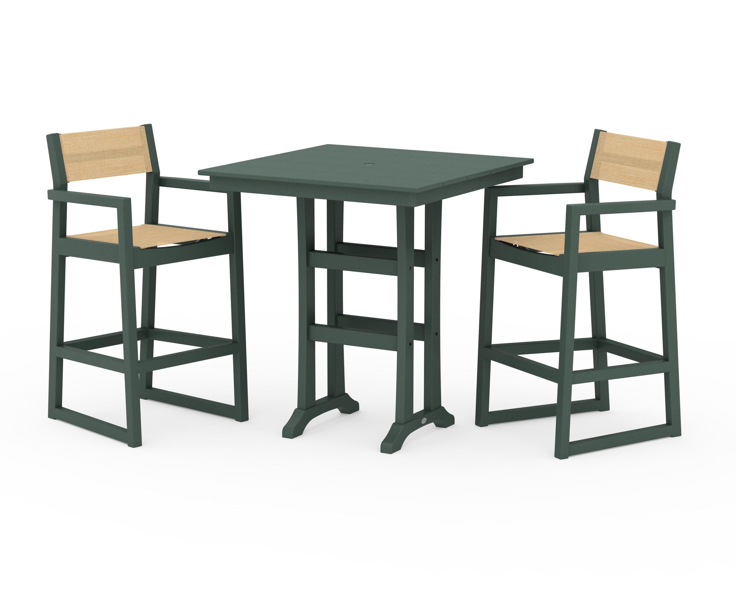 POLYWOOD® EDGE Sling Arm Chair 3-Piece Farmhouse Bar Set with Trestle Legs in Green / Dupioni Apricot Sling